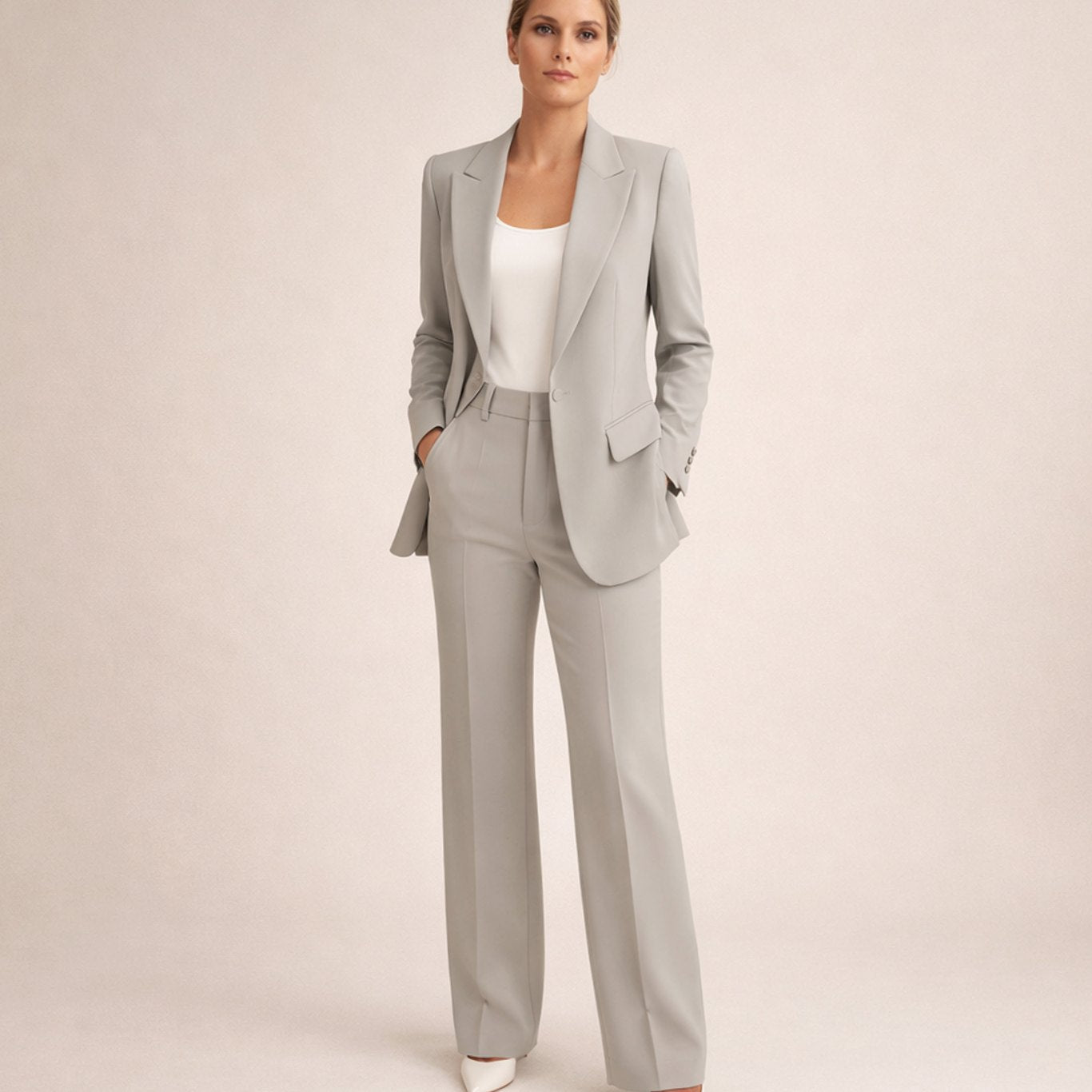 Women's Wide-Leg Flare Trouser Blazer Two-Piece Suit - Grey
