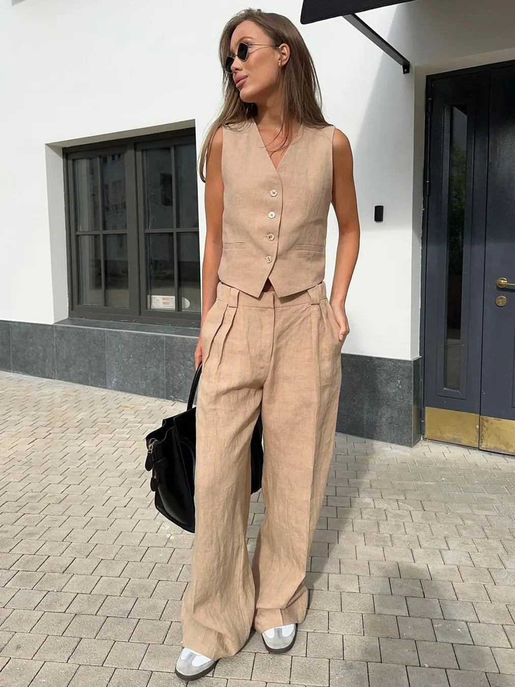 Women's Wide-Leg Pleated Linen Blend Vest Trouser Co-ord Set