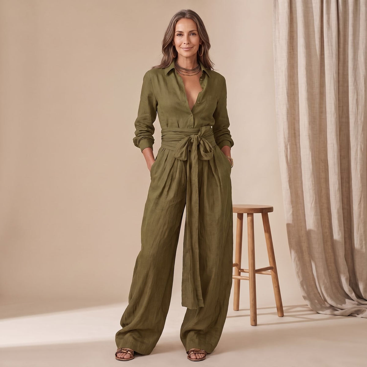 Women's Wide-Leg Tie-Waist Collared Shirt Two-Piece Set - Olive