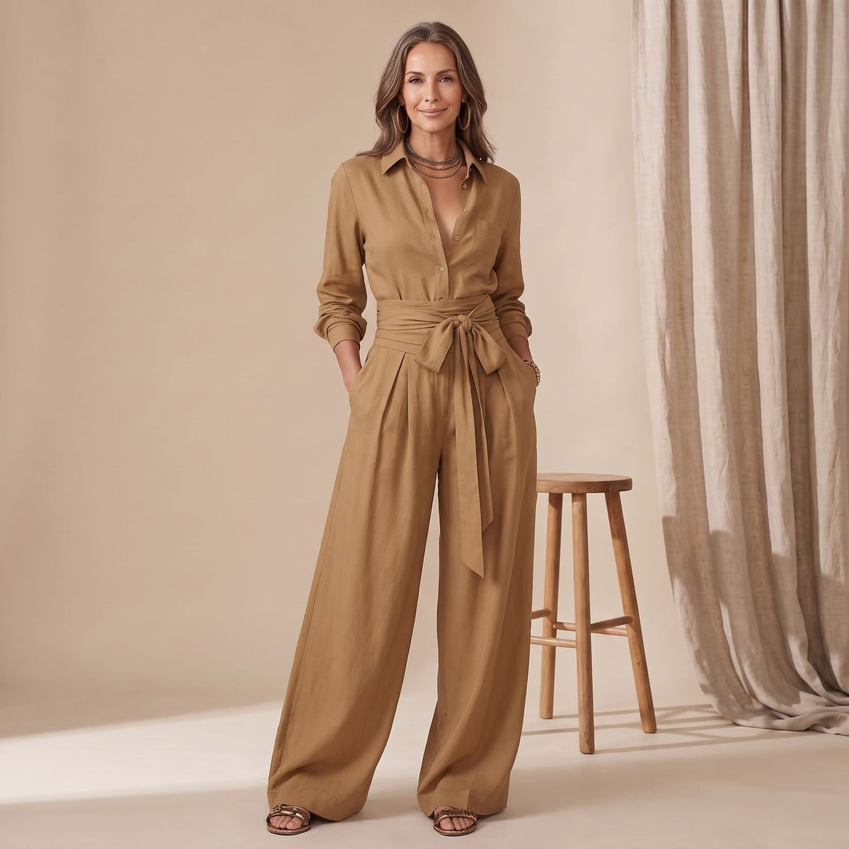 Women's Wide-Leg Tie-Waist Collared Shirt Two-Piece Set - Camel