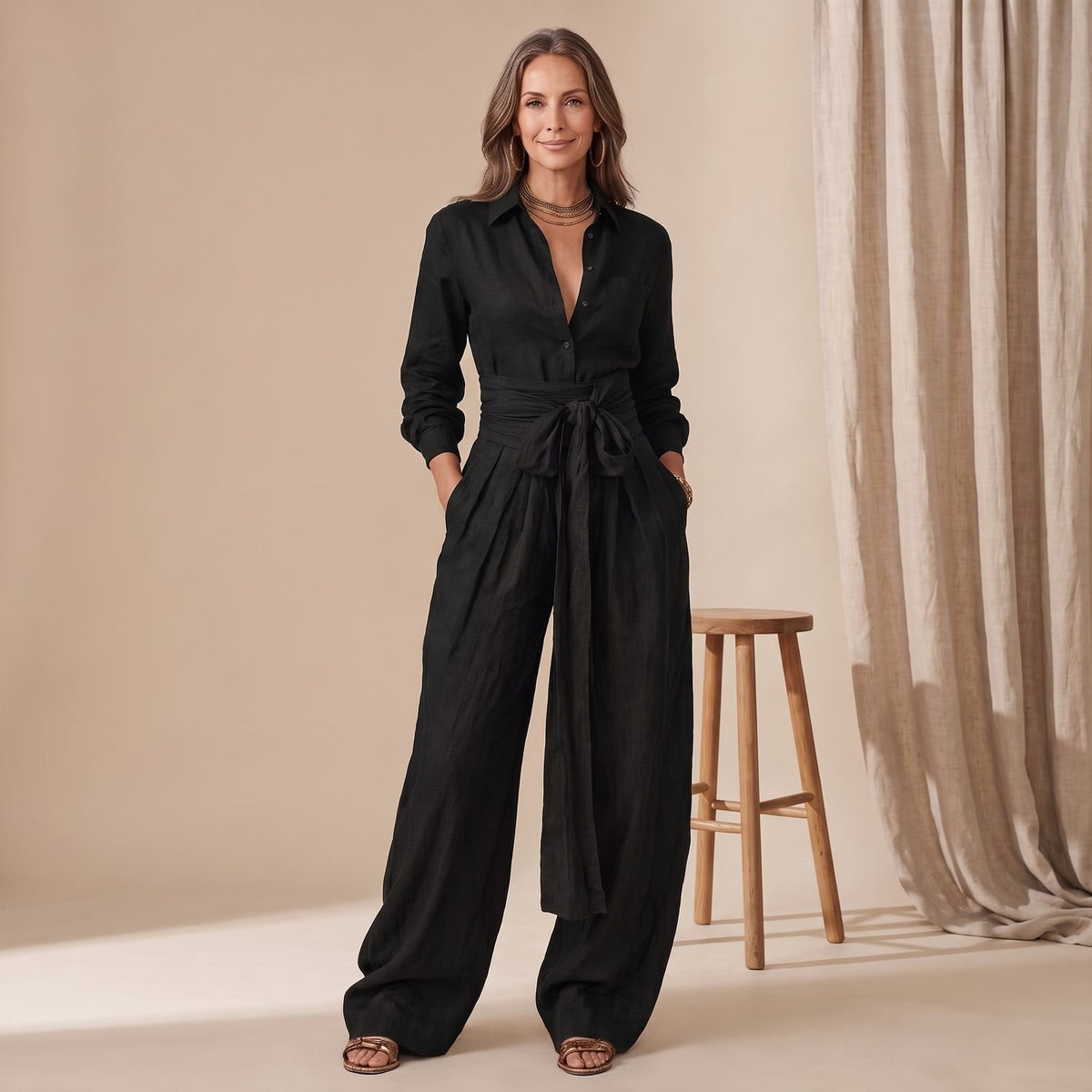 Women's Wide-Leg Tie-Waist Collared Shirt Two-Piece Set - Black