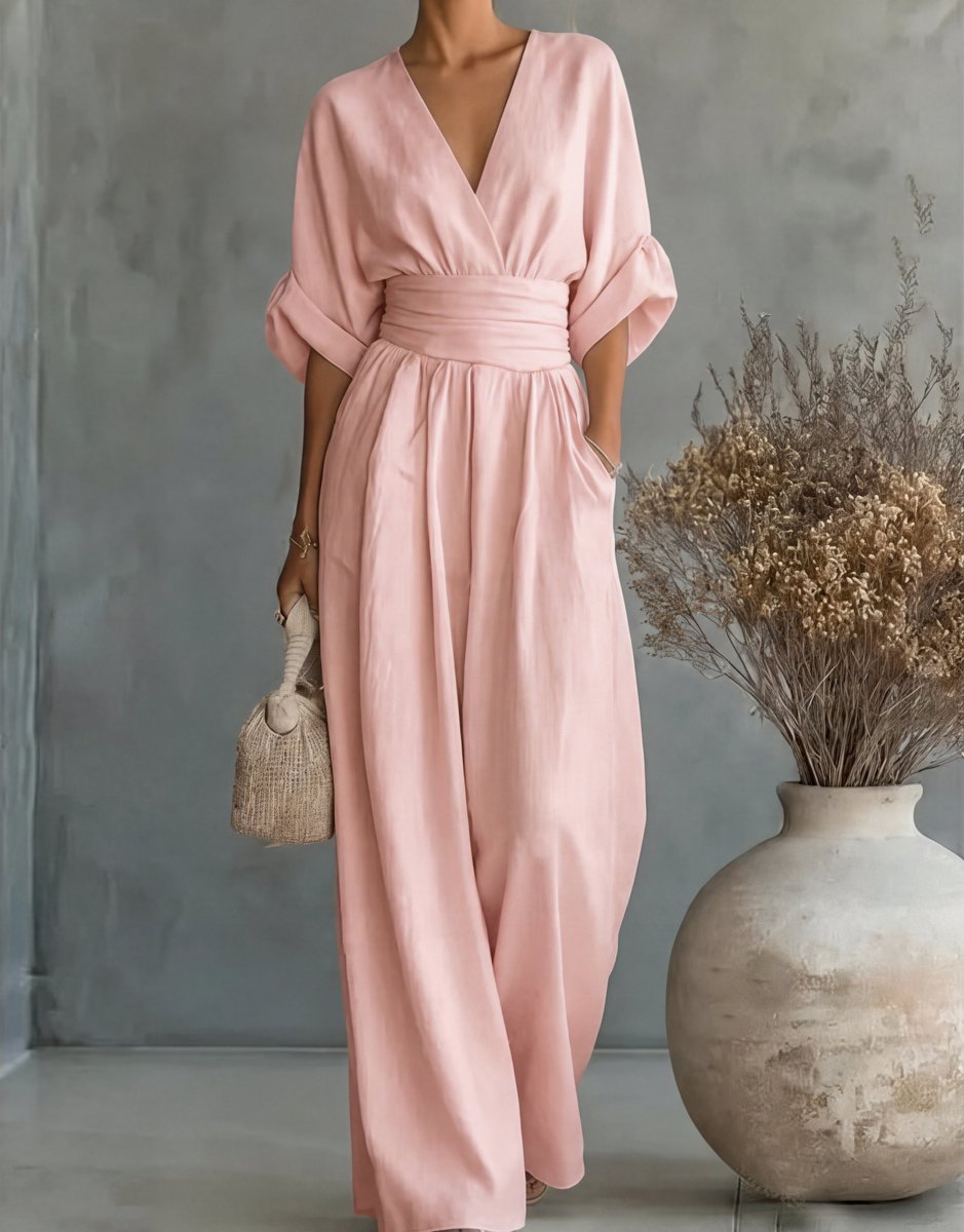 Women's Wide-Leg Wrap-Bodice High-Waist Jumpsuit - Light Pink