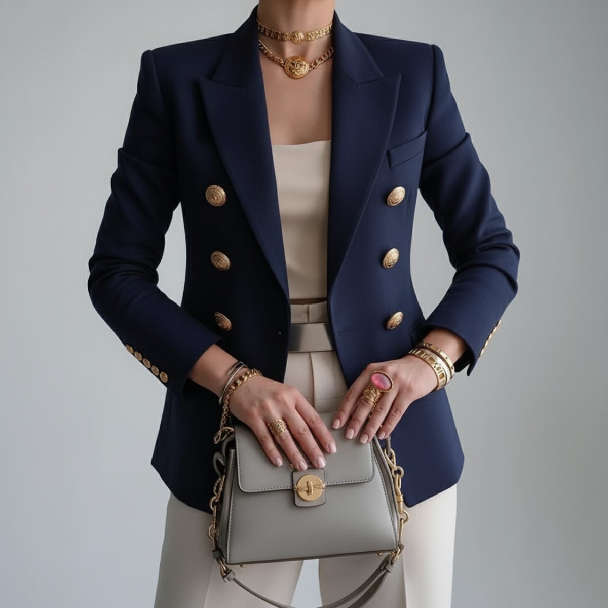 Women's Winter Coat Double-Breasted Fitted Blazer Gold Button - Blue