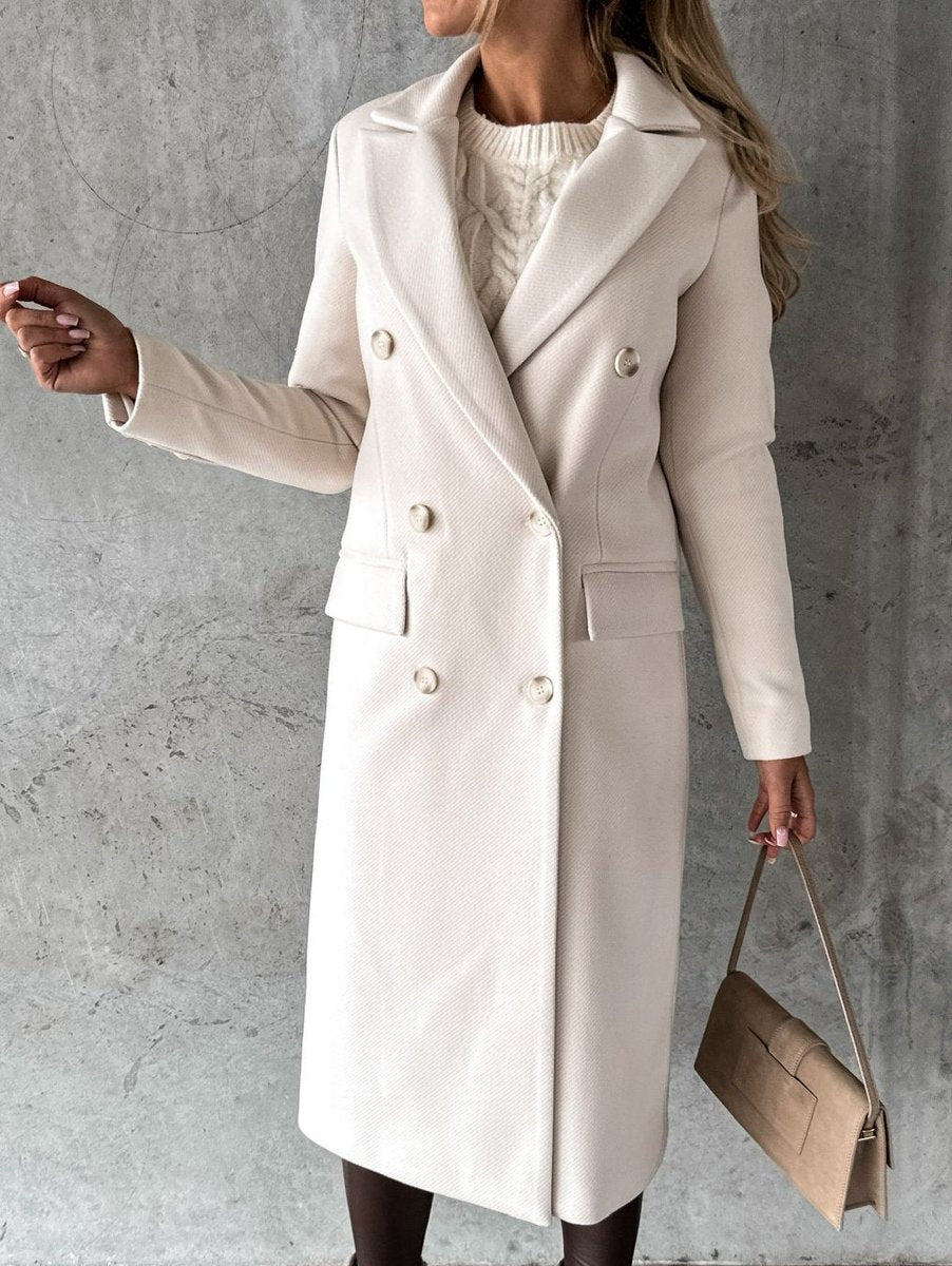 Womens Winter Coat Double-Breasted Longline Wool-Blend Overcoat
