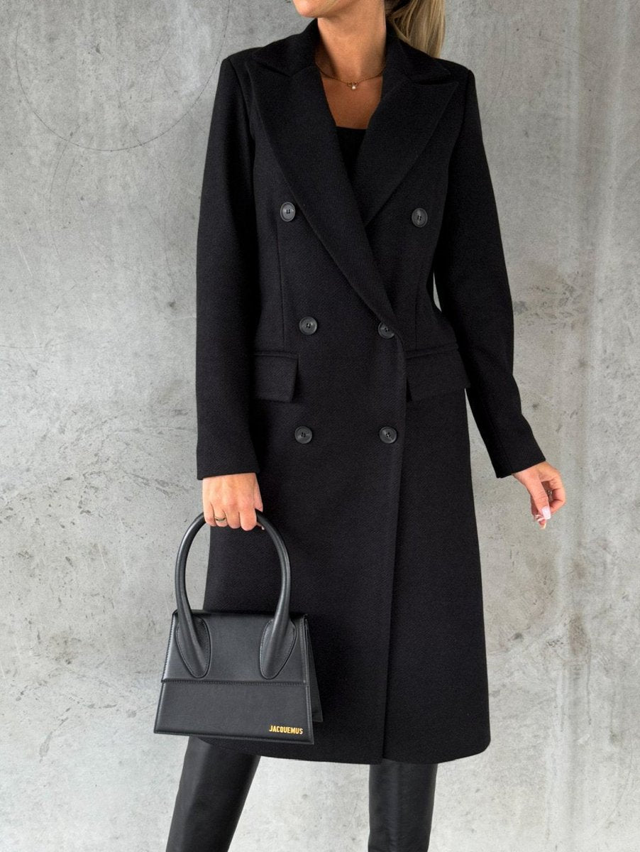 Womens Winter Coat Double-Breasted Longline Wool-Blend Overcoat - Black