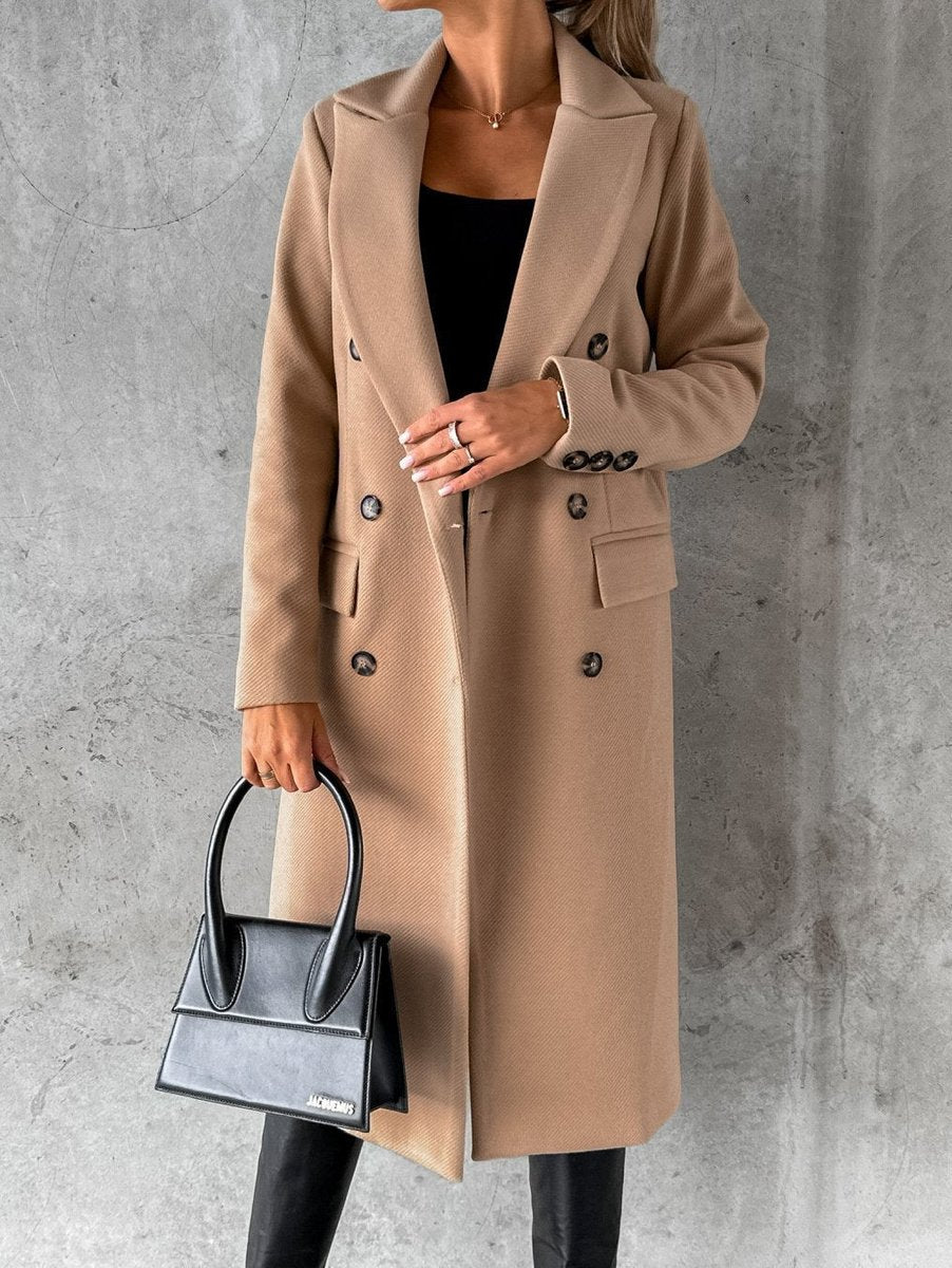 Womens Winter Coat Double-Breasted Longline Wool-Blend Overcoat - Khaki