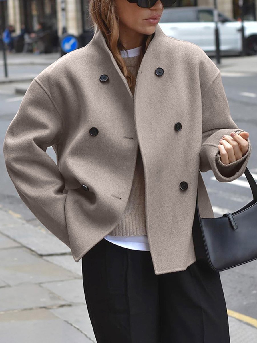 Women's Winter Coat Double Breasted Stand Collar Relaxed Wool-Look Jacket - Taupe