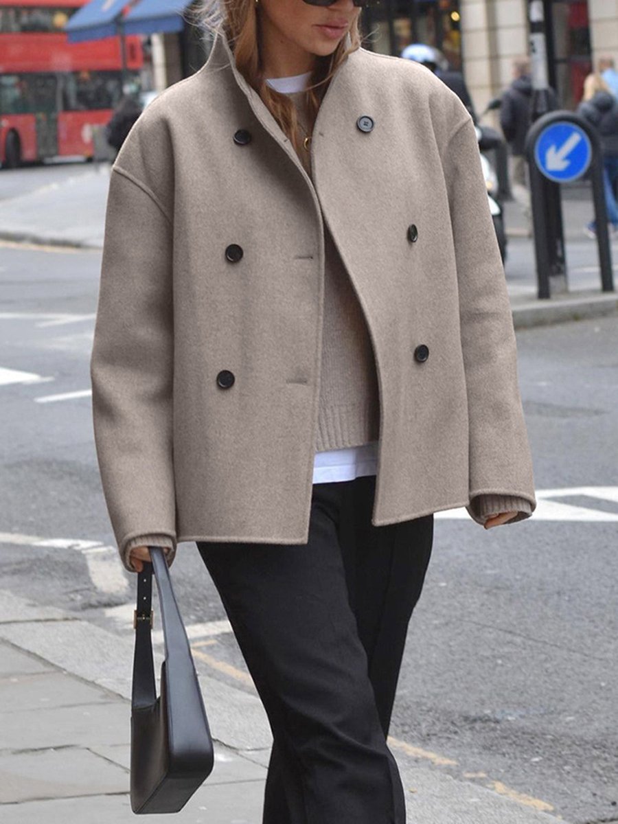 Women's Winter Coat Double Breasted Stand Collar Relaxed Wool-Look Jacket