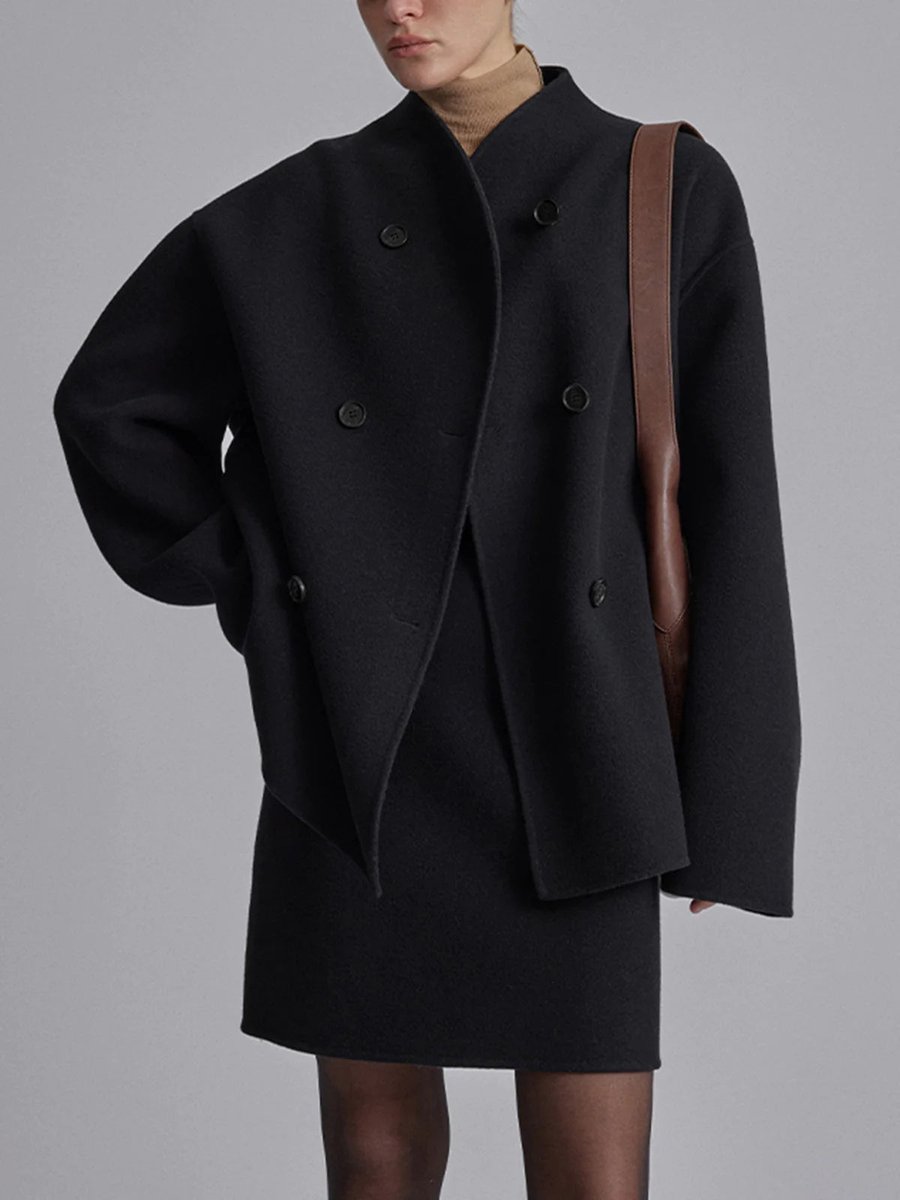 Women's Winter Coat Double Breasted Stand Collar Relaxed Wool-Look Jacket