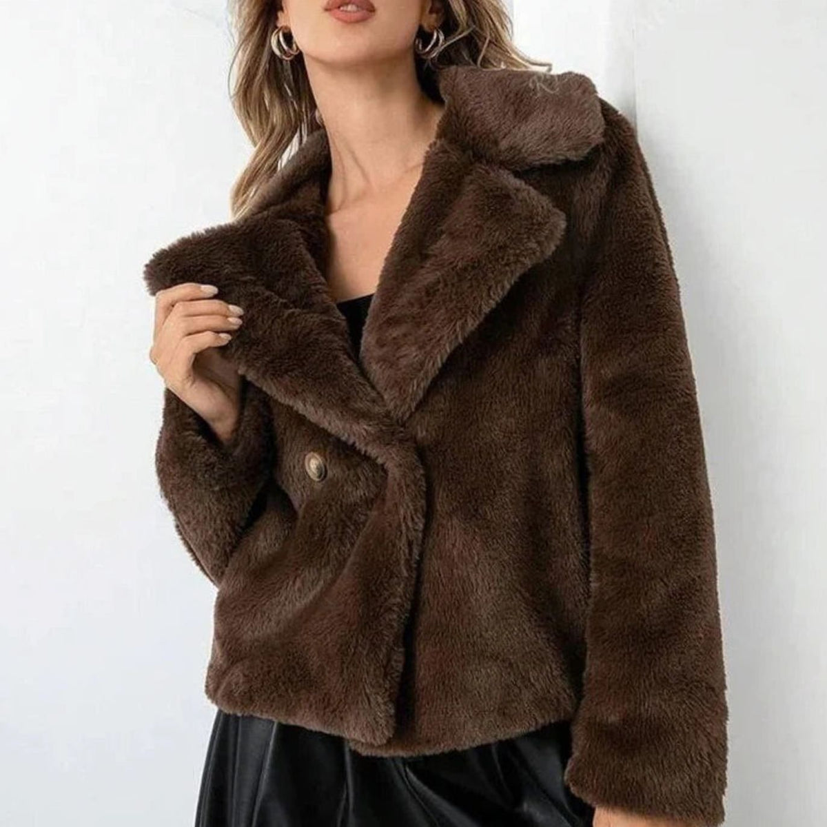 Women's Winter Coat Faux-Fur Double-Breasted Lapel Jacket - Brown