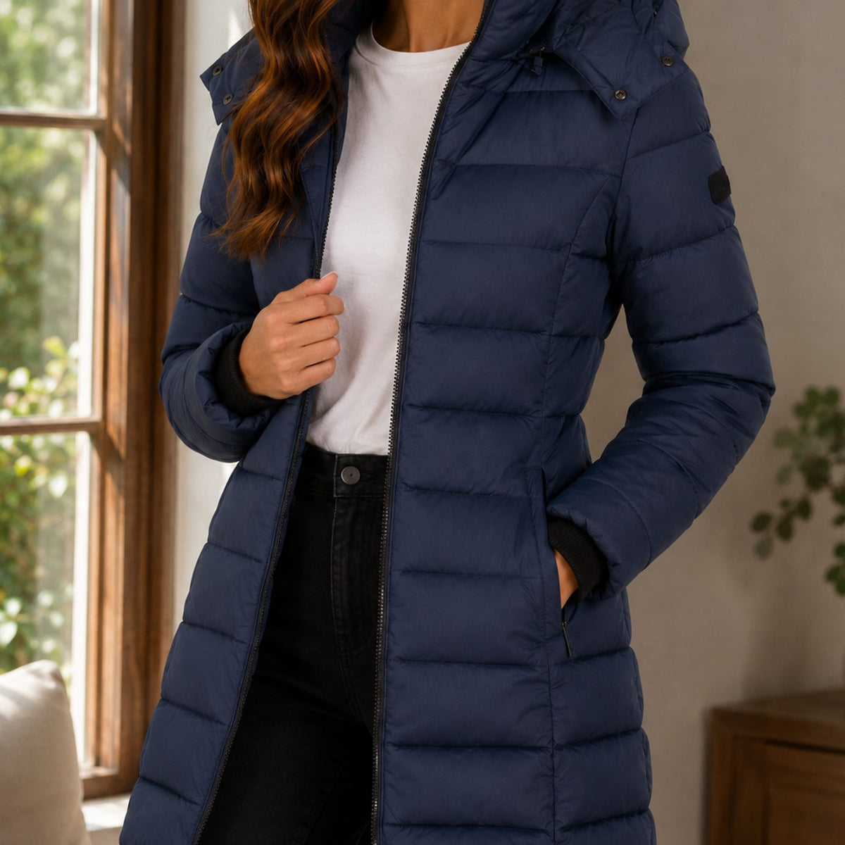 Women's Winter Coat Longline Quilted Hooded Puffer Jacket - Navy