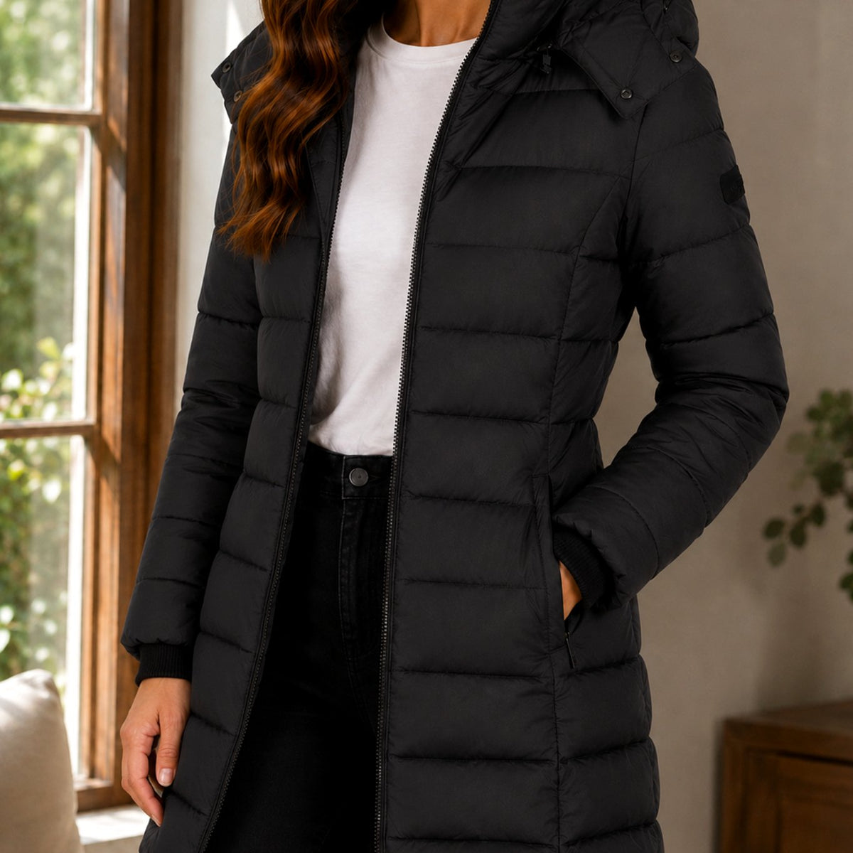 Women's Winter Coat Longline Quilted Hooded Puffer Jacket - Black