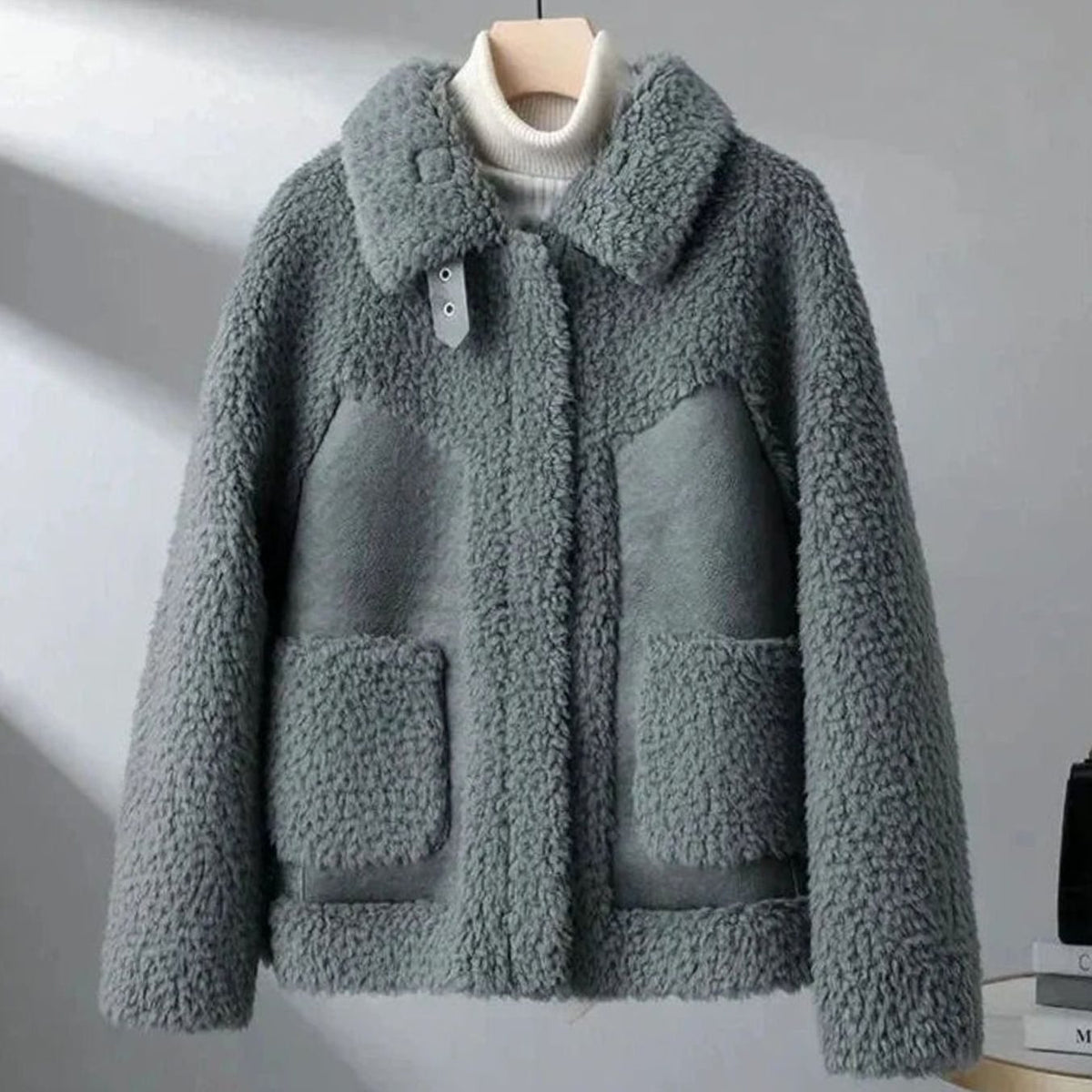 Women's Winter Coat Plush Shearling Patch-Pocket Jacket - Grey
