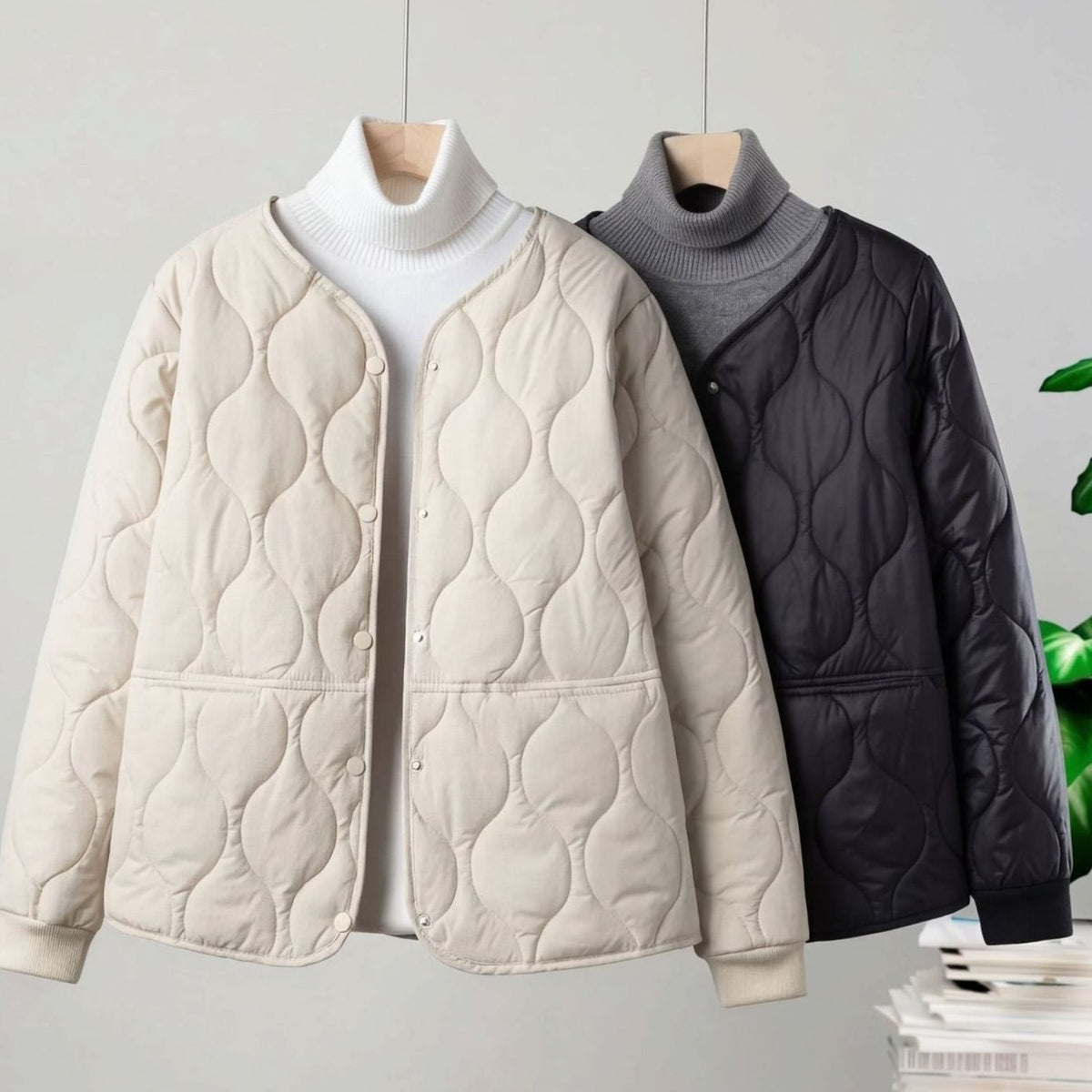 Women's Winter Coat Quilted Cotton-Padded V-Neck Jacket - White