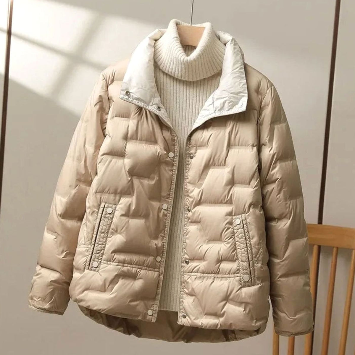 Women's Winter Coat Quilted High-Collar Puffer Jacket - Khaki