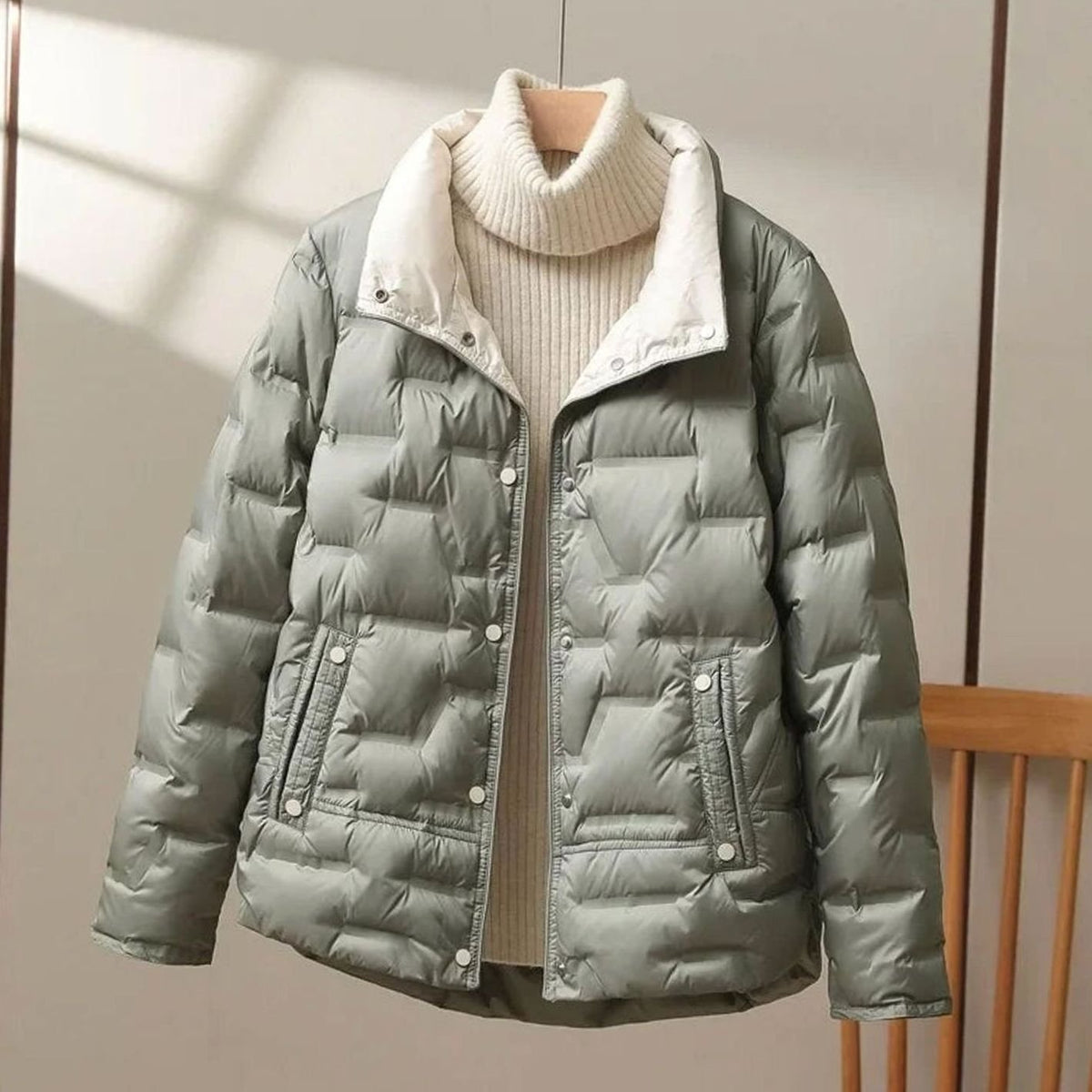 Women's Winter Coat Quilted High-Collar Puffer Jacket - Green