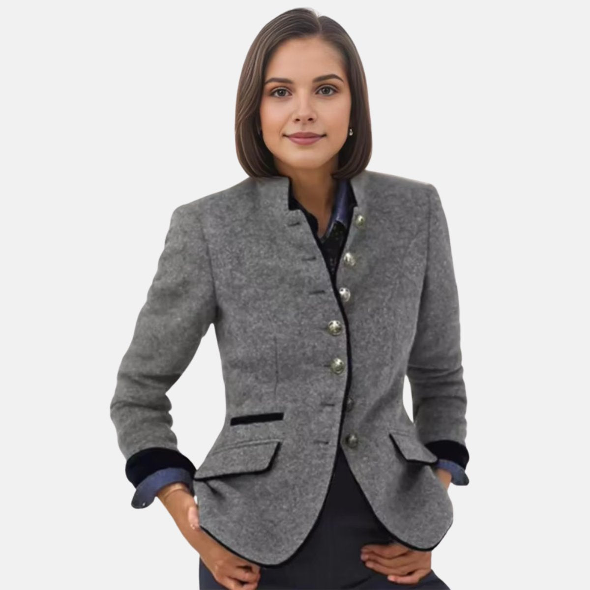 Womens Winter Coat Tweed Wool-Blend Fitted Blazer Jacket - Gray
