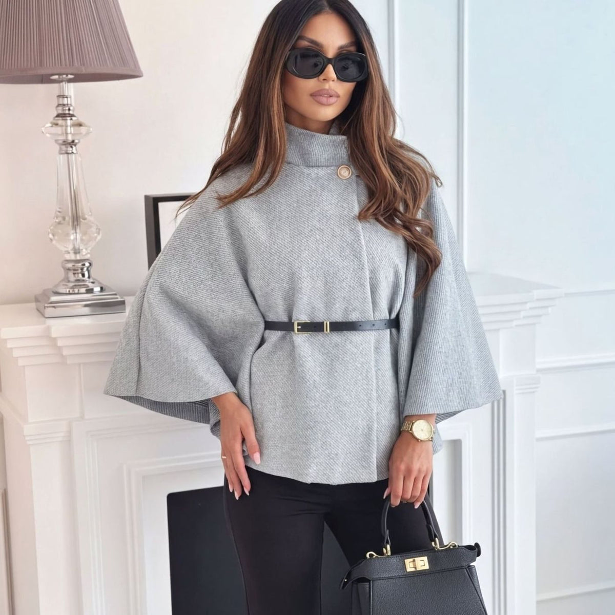 Women's Winter Coat Wool Blend Batwing Cape Jacket Belted - Grey