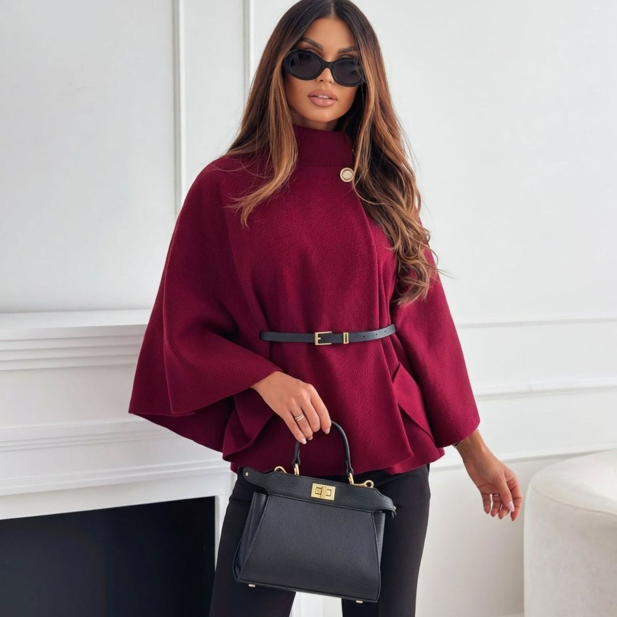 Women's Wool Blend Batwing Cape Belted Jacket - Red