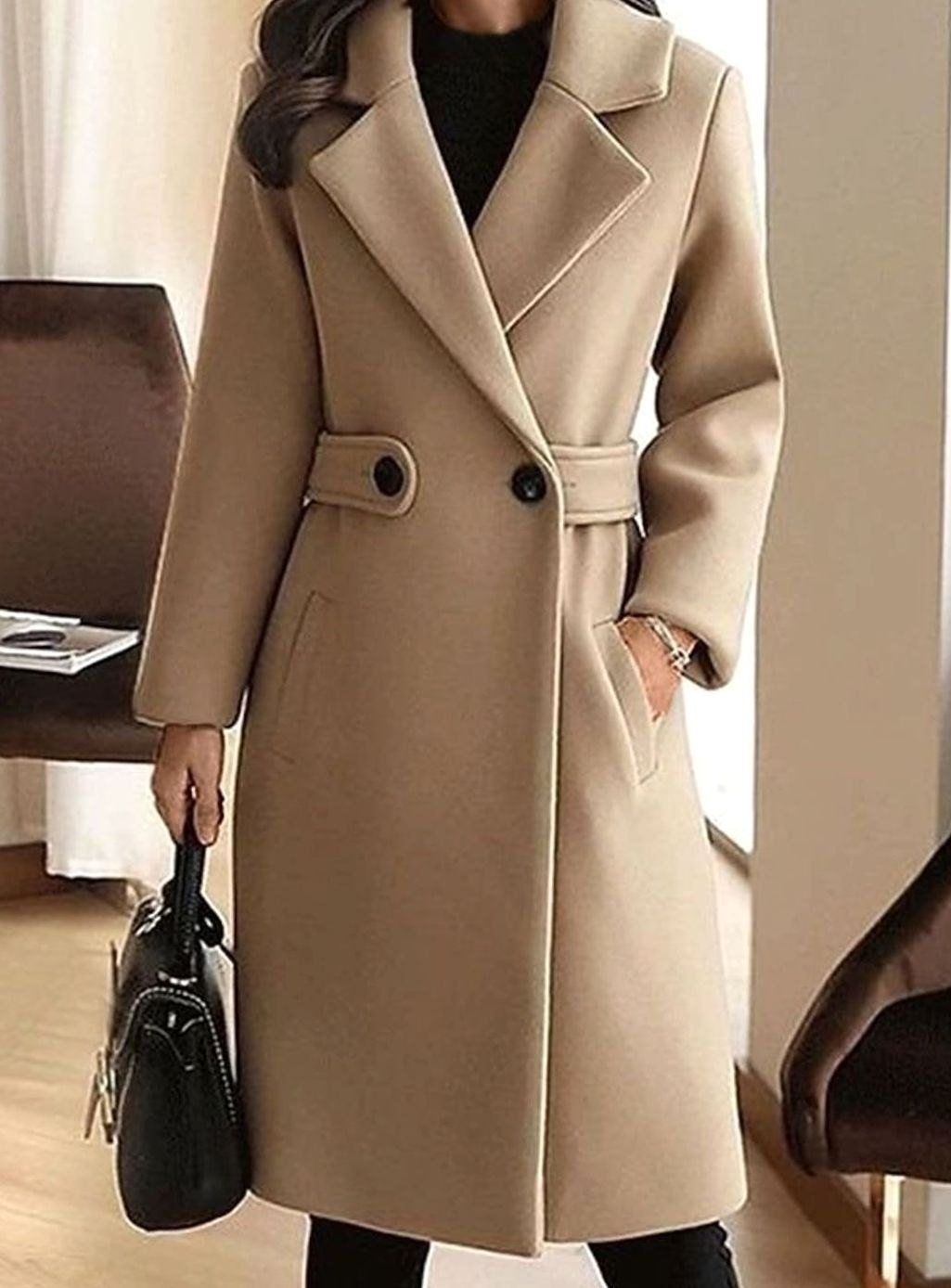 Women's Wool Blend Belted Longline Coat Tailored Silhouette - Beige