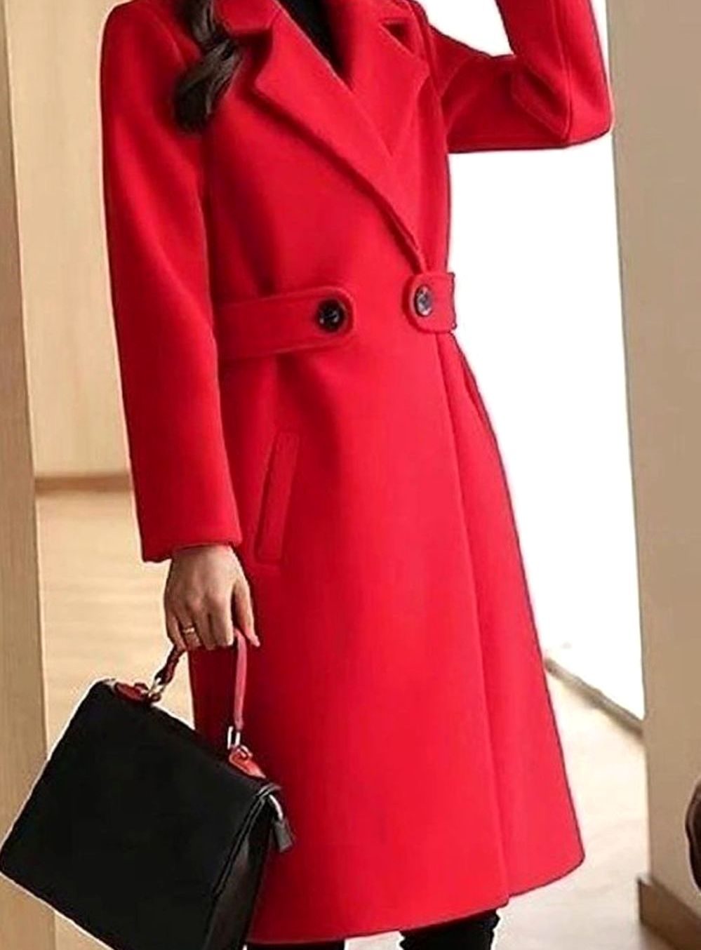 Women's Wool Blend Belted Longline Coat Tailored Silhouette - Red