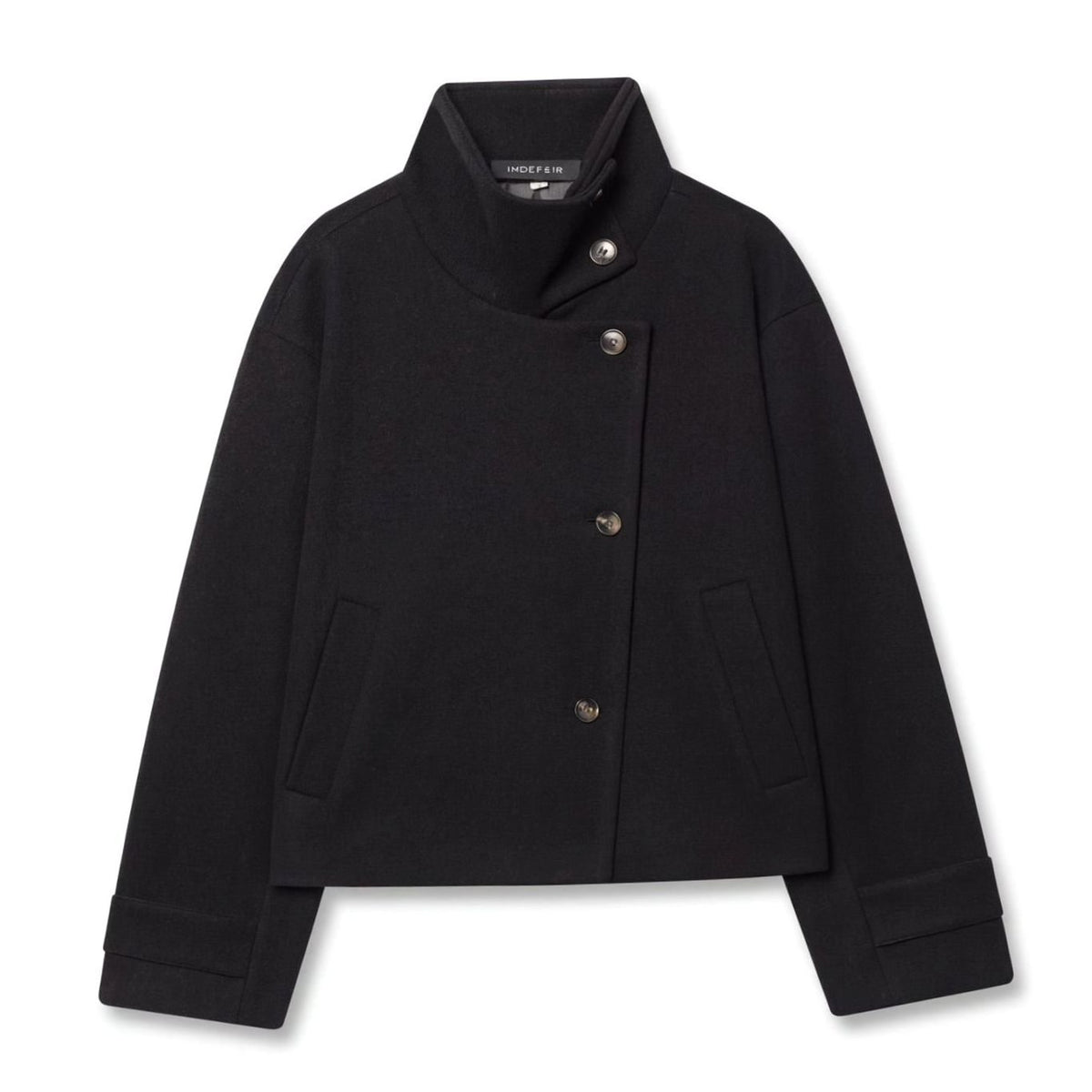 Women's Wool Stand-Collar Asymmetric-Button Cropped Winter Coat - Black