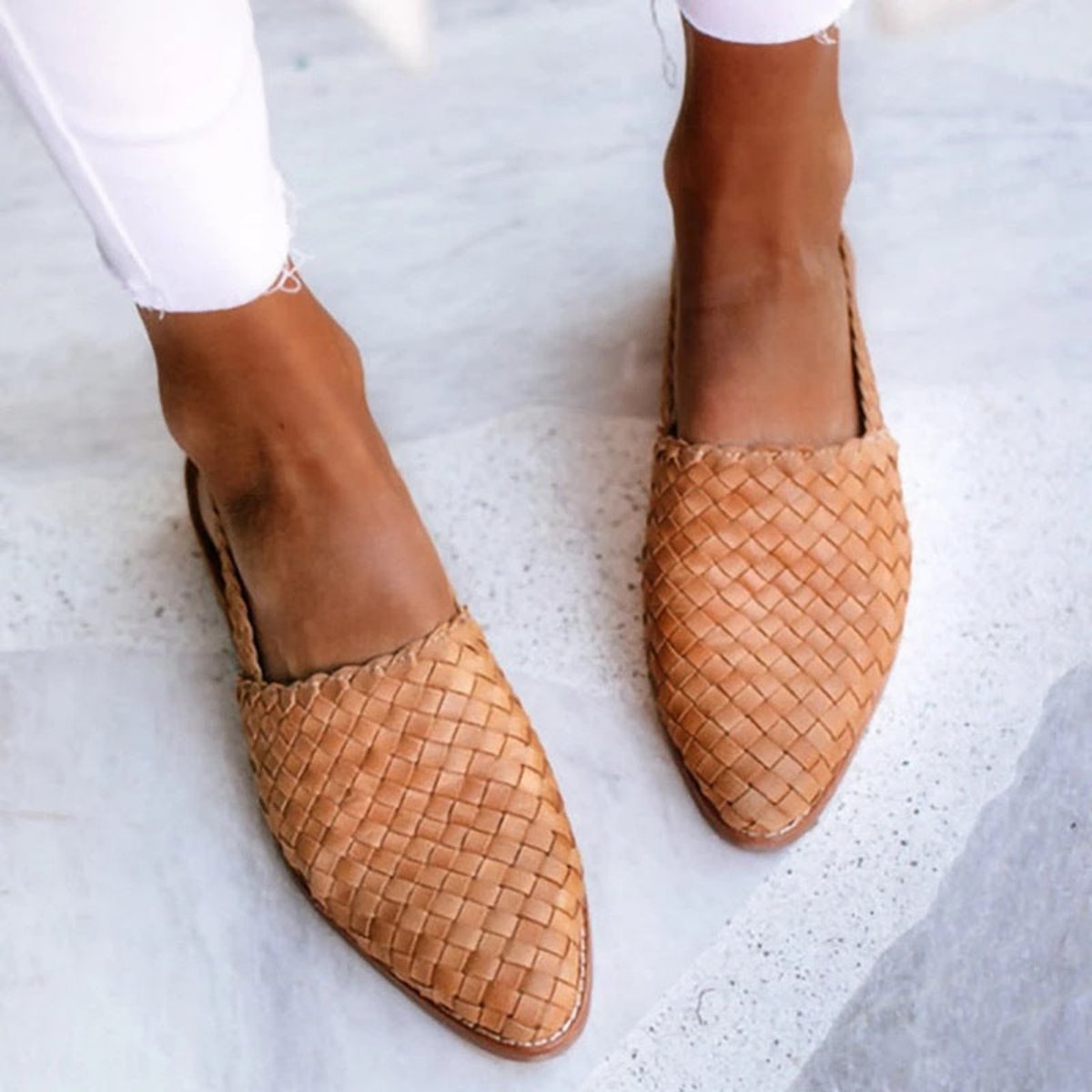 Women's Woven Leather Pointed Toe Slingback Comfortable Sandals - Light Brown