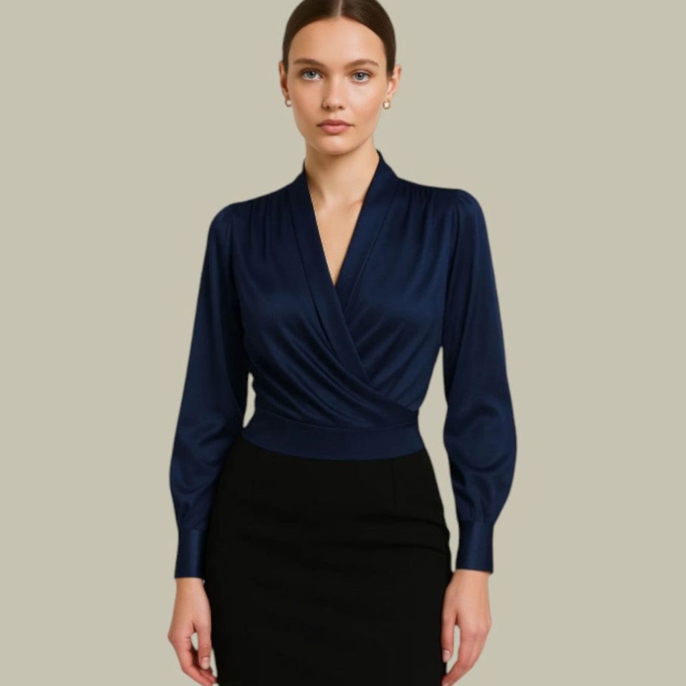 Women's Wrap Front Long Sleeve Satin Blouses V-Neck - Blue