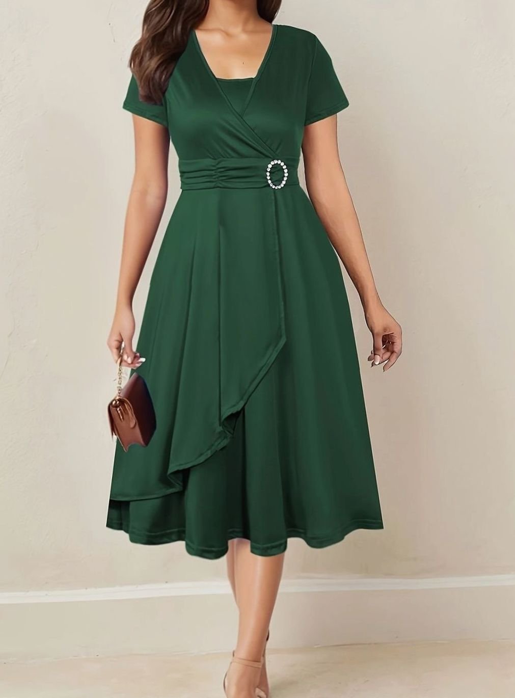 Women's Wrap-Style Short Sleeve Midi Party Dress Rhinestone Buckle - Dark Green