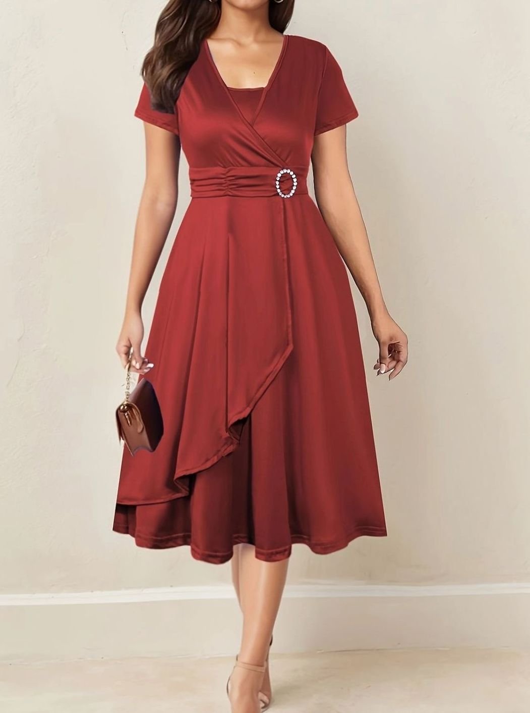 Women's Wrap-Style Short Sleeve Midi Party Dress Rhinestone Buckle - Red