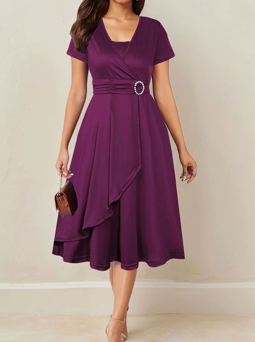 Women's Wrap-Style Short Sleeve Midi Party Dress Rhinestone Buckle - Purple