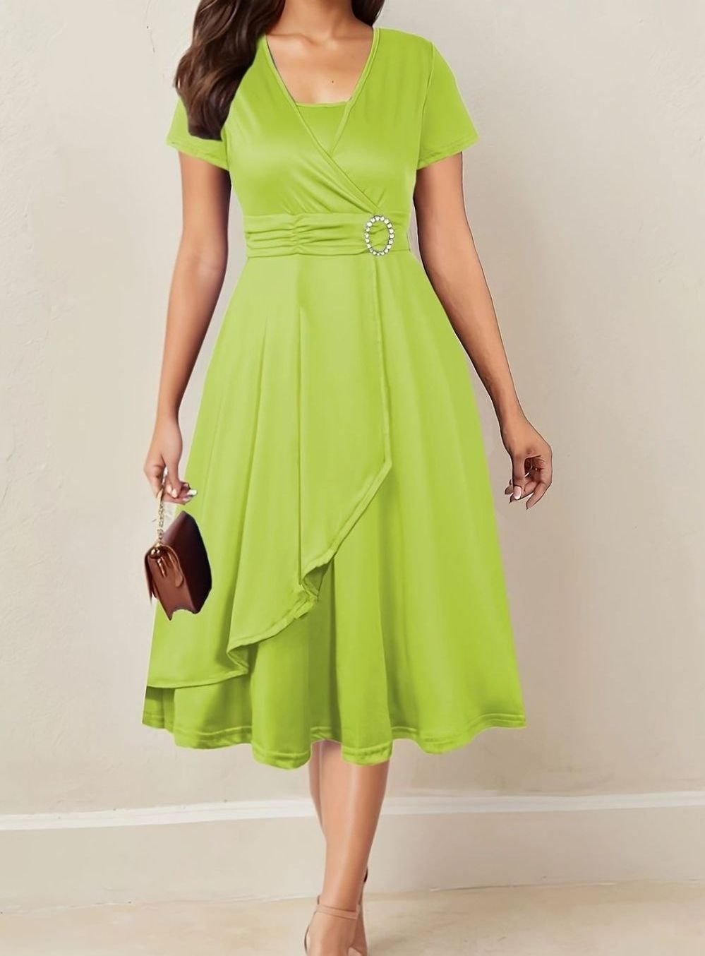 Women's Wrap-Style Short Sleeve Midi Party Dress Rhinestone Buckle