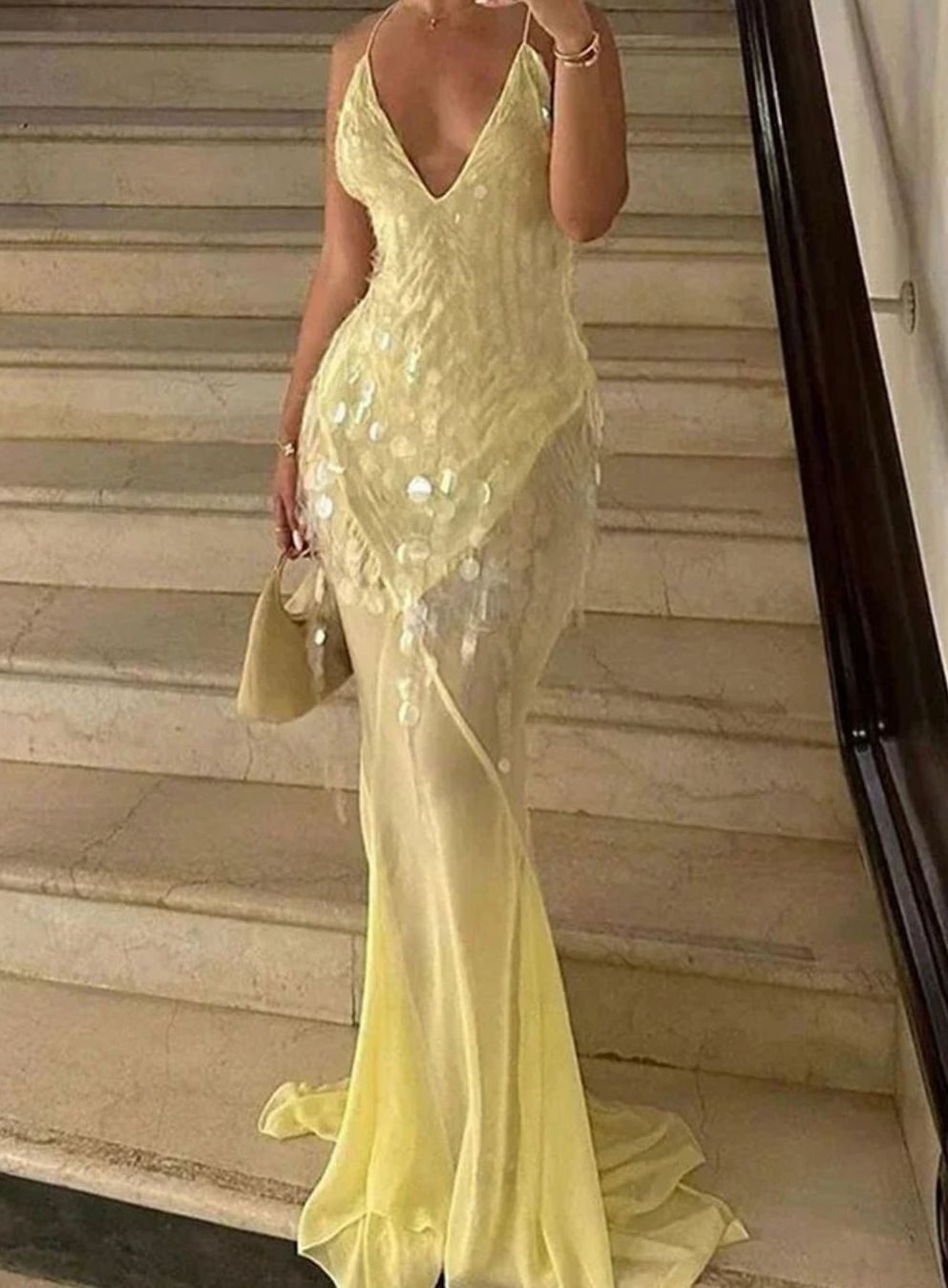 Women's Yellow Sequin V-Neck Crossback Maxi Party Dress