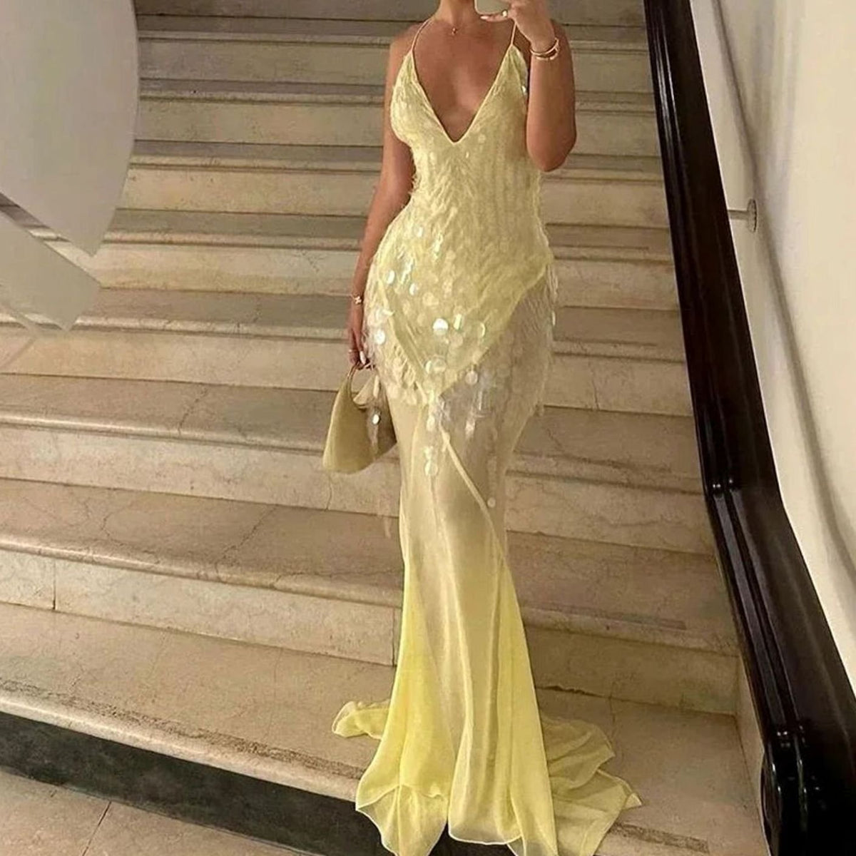 Women's Yellow Sequin V-Neck Crossback Maxi Party Dress - Yellow