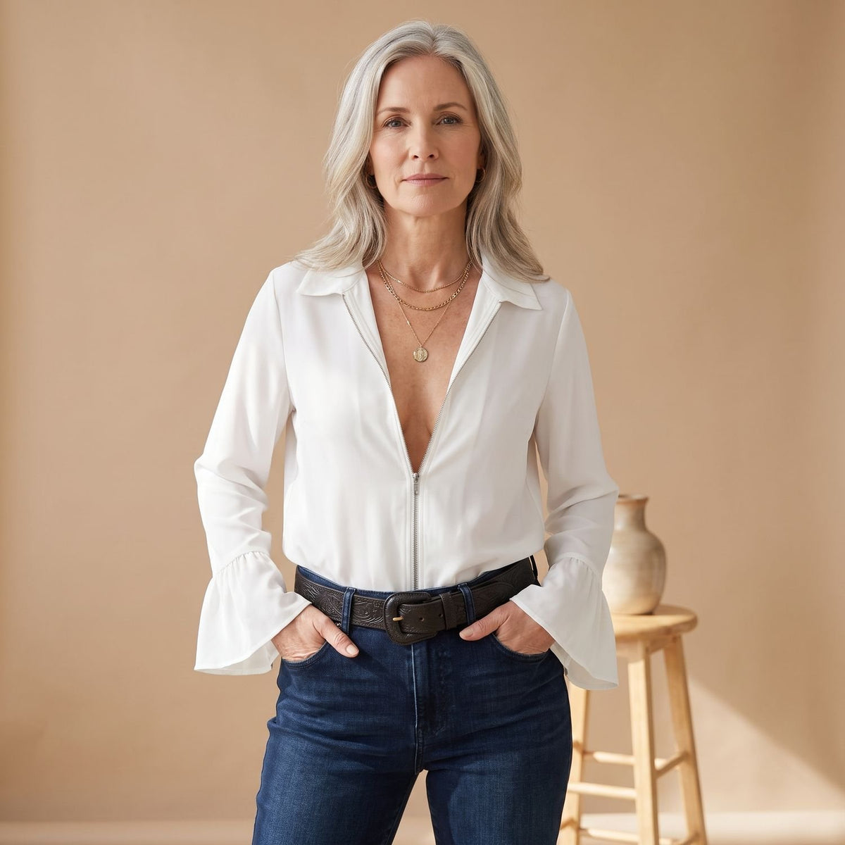 Women's Zip-Front Flounce Cuff Long Sleeve Blouse - White