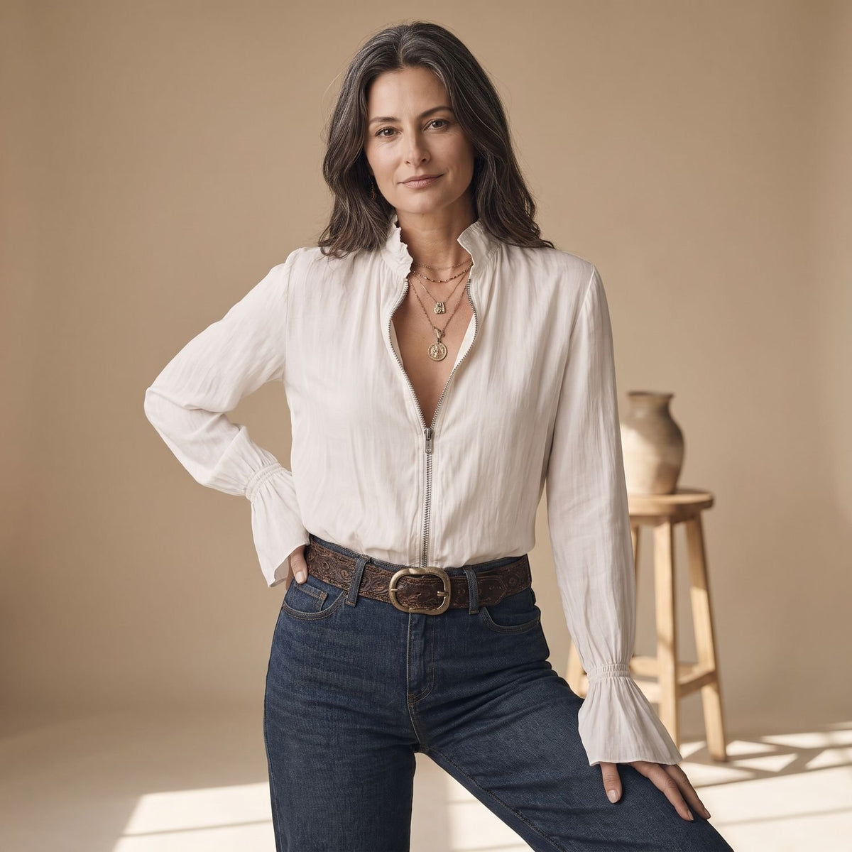 Women's Zip-Front Flounce Cuff Long Sleeve Blouse
