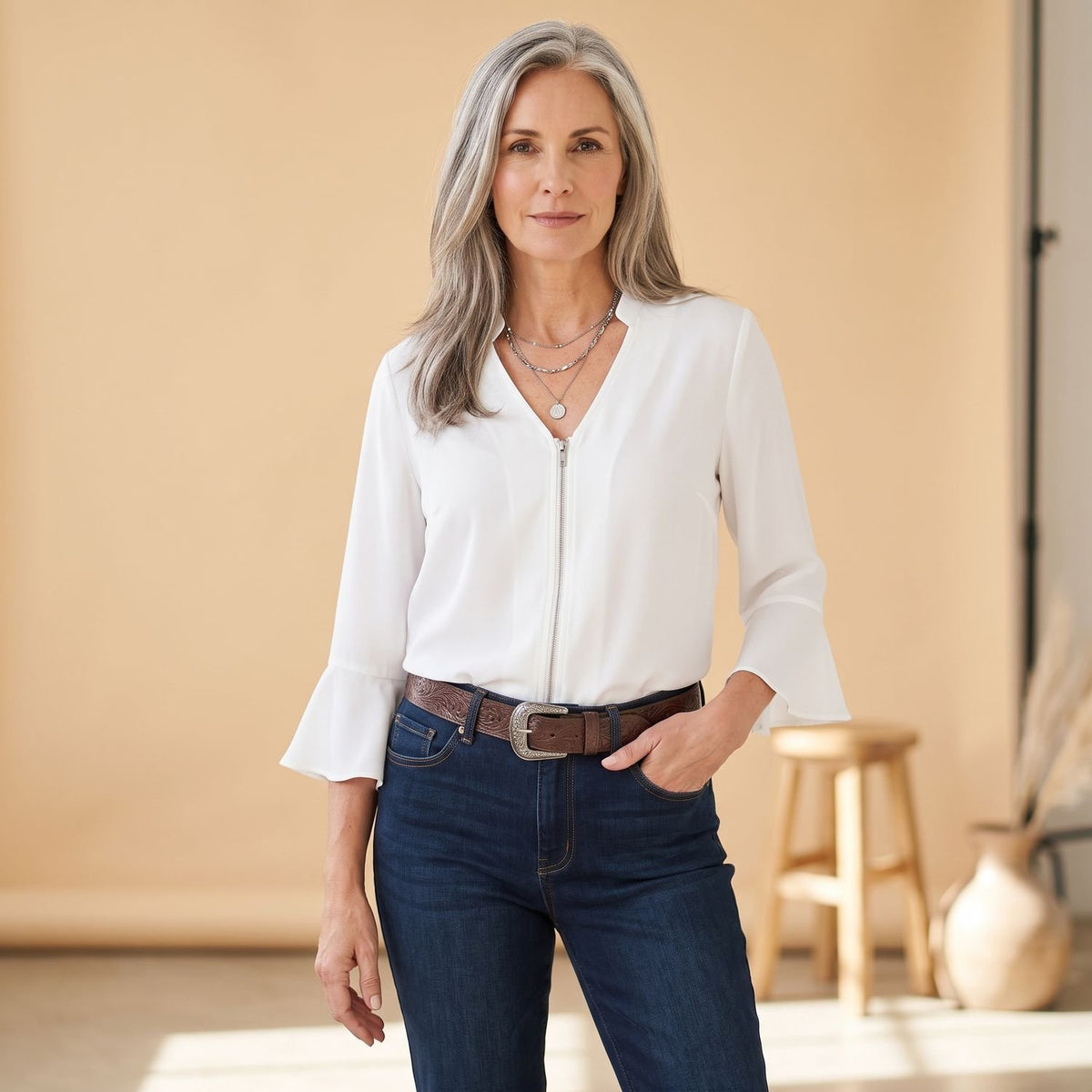 Women's Zip-Front Flounce Cuff Long Sleeve Blouse