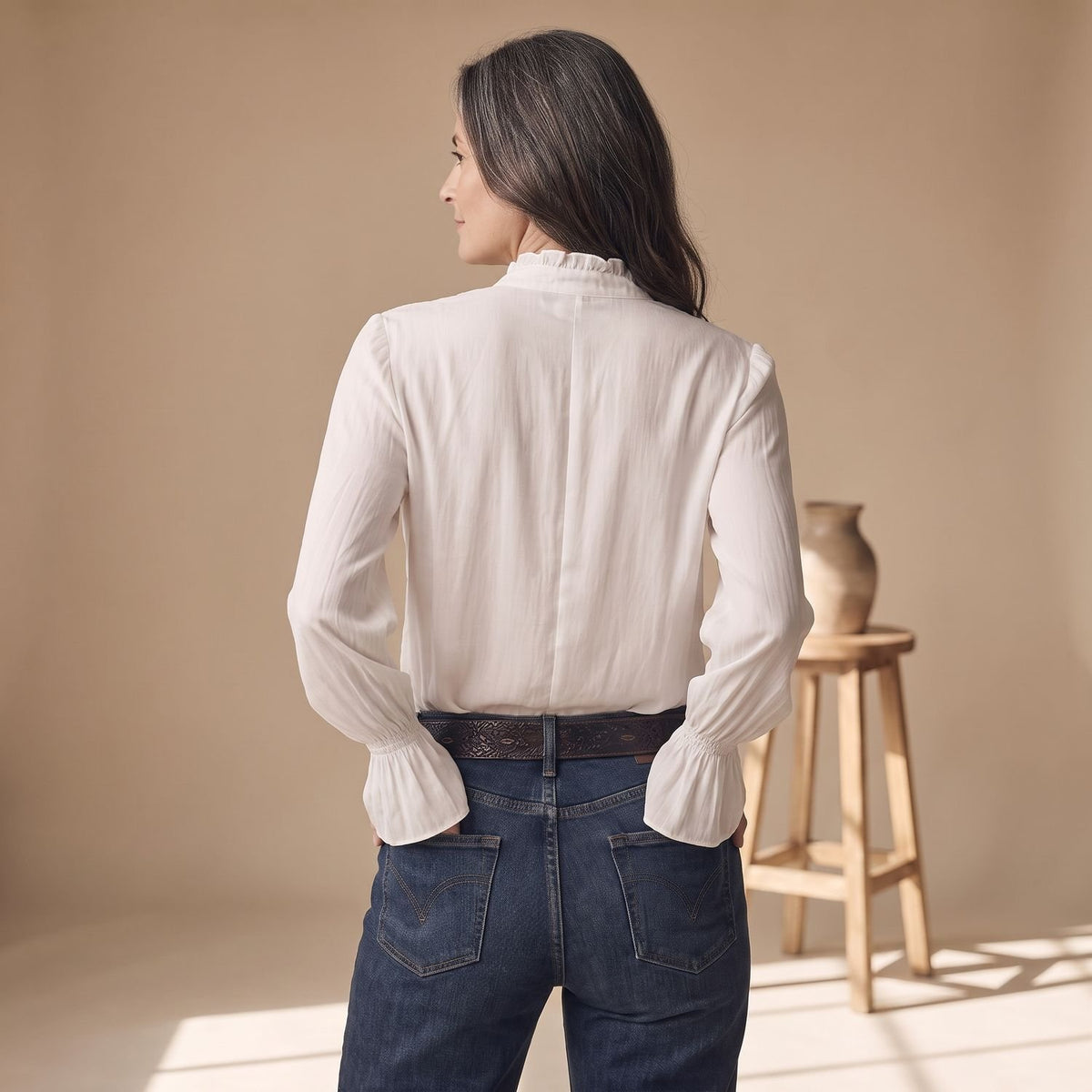 Women's Zip-Front Flounce Cuff Long Sleeve Blouse