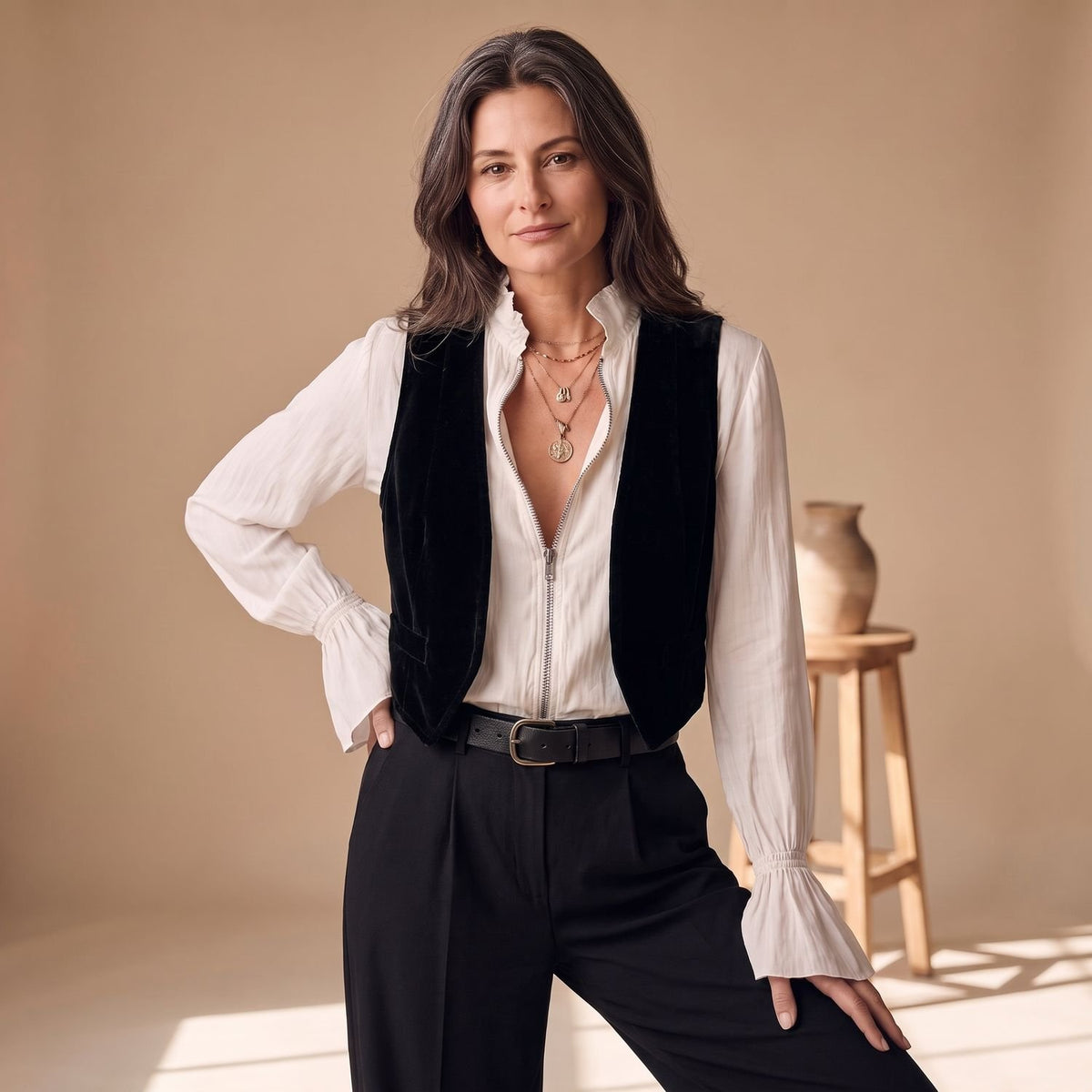 Women's Zip-Front Flounce Cuff Long Sleeve Blouse
