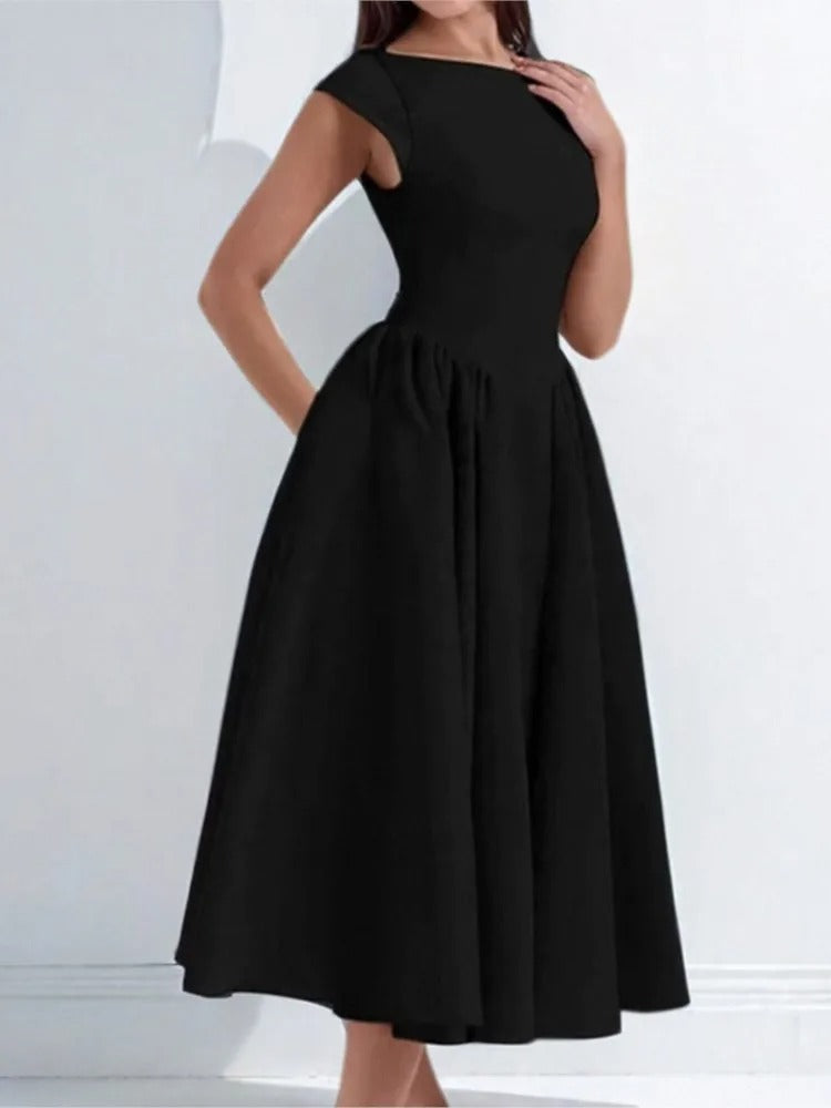 Isla | Women's 1950s-Inspired Satin Full-Skirt Midi Dress Bateau Neck