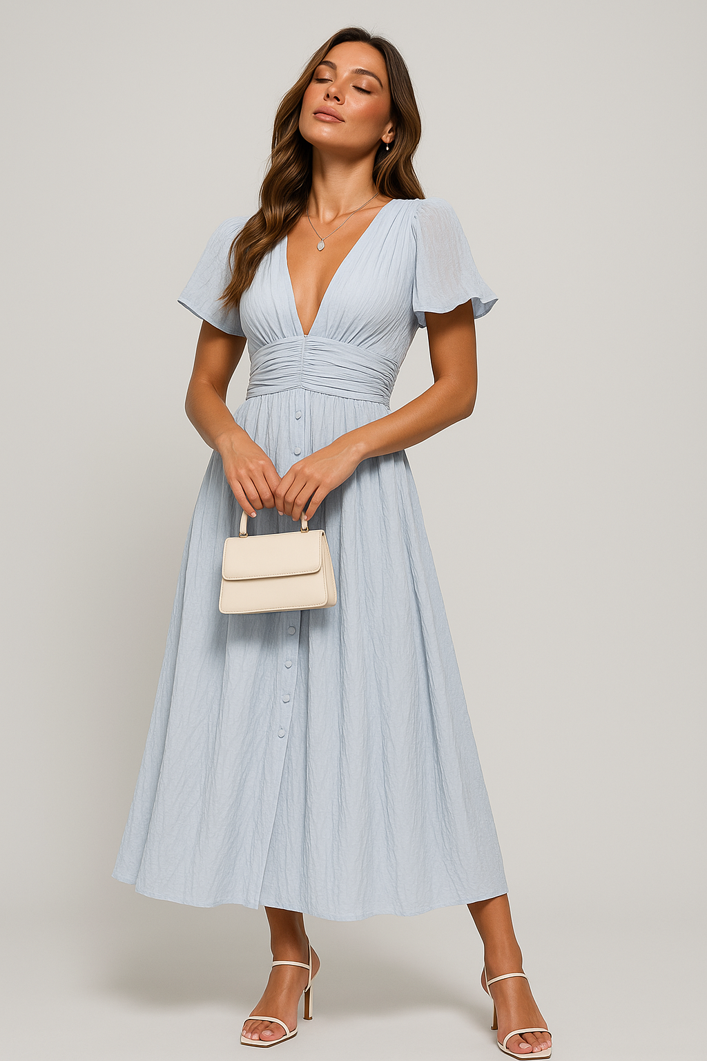 Solea - Buttoned V-Cut Puff Sleeve Midi Dress
