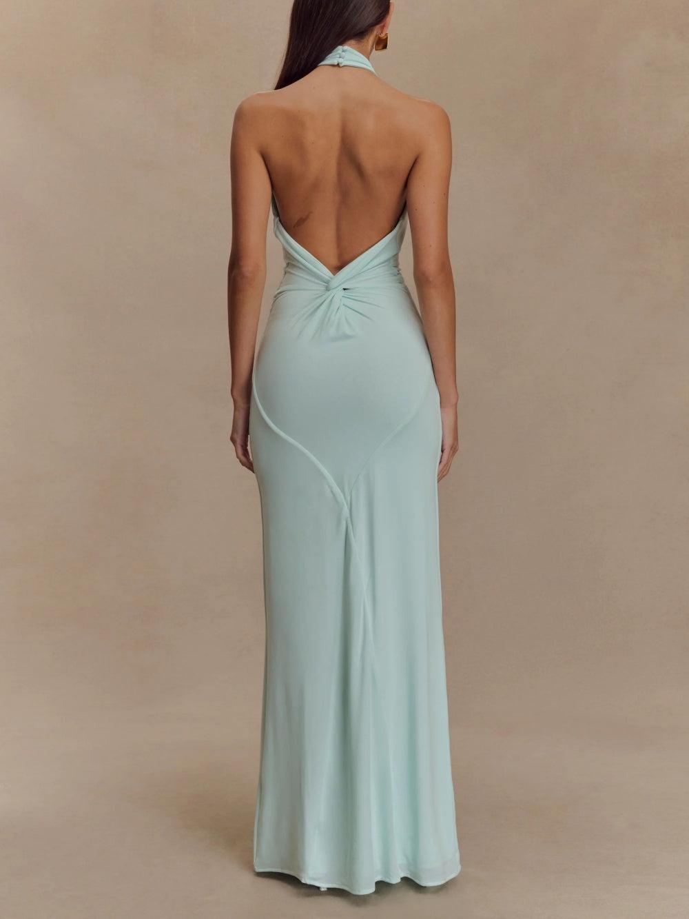 Women’s Halter Neck Maxi Dress - Ruched Waist Sleeveless Formal Evening Gown