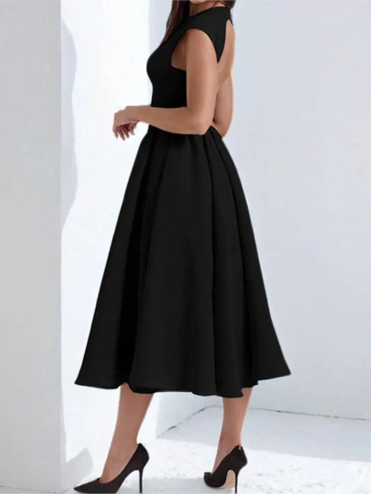 Isla | Women's 1950s-Inspired Satin Full-Skirt Midi Dress Bateau Neck