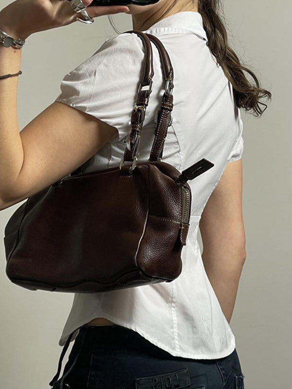 White Vintage V-Neck Short-Sleeve Slim-Waist Shirt