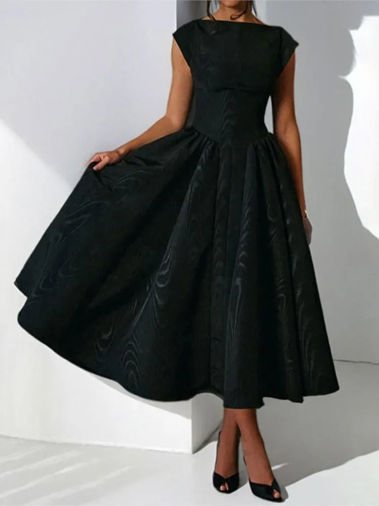 Isla | Women's 1950s-Inspired Satin Full-Skirt Midi Dress Bateau Neck