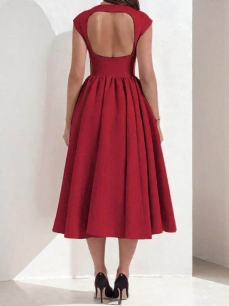 Isla | Women's 1950s-Inspired Satin Full-Skirt Midi Dress Bateau Neck