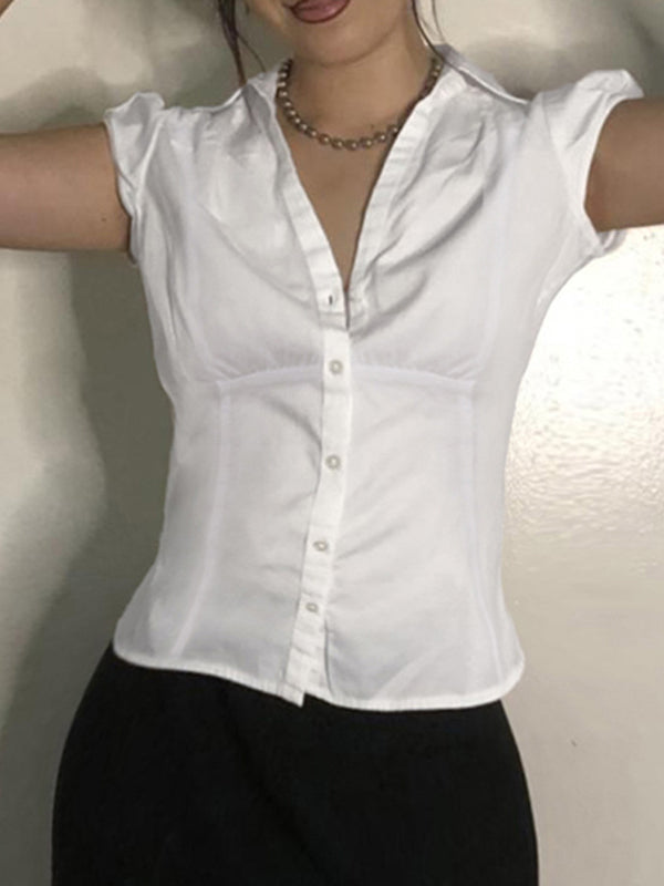 White Vintage V-Neck Short-Sleeve Slim-Waist Shirt