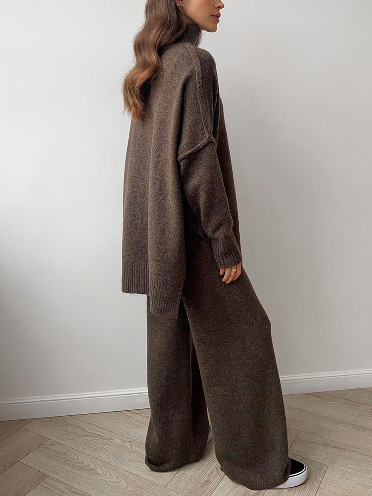 Women’s Luxe Relaxed Knit Lounge Set - Oversized High-Neck Top Wide-Leg Trousers