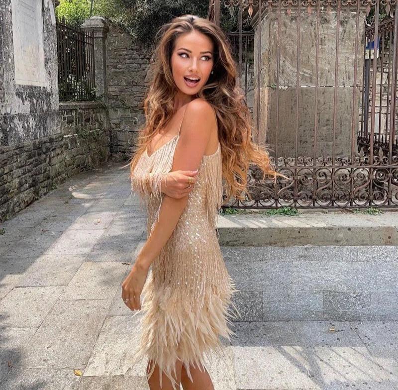 Women’s Fringe Mini Dress - Feather Hem Cocktail Party Dress