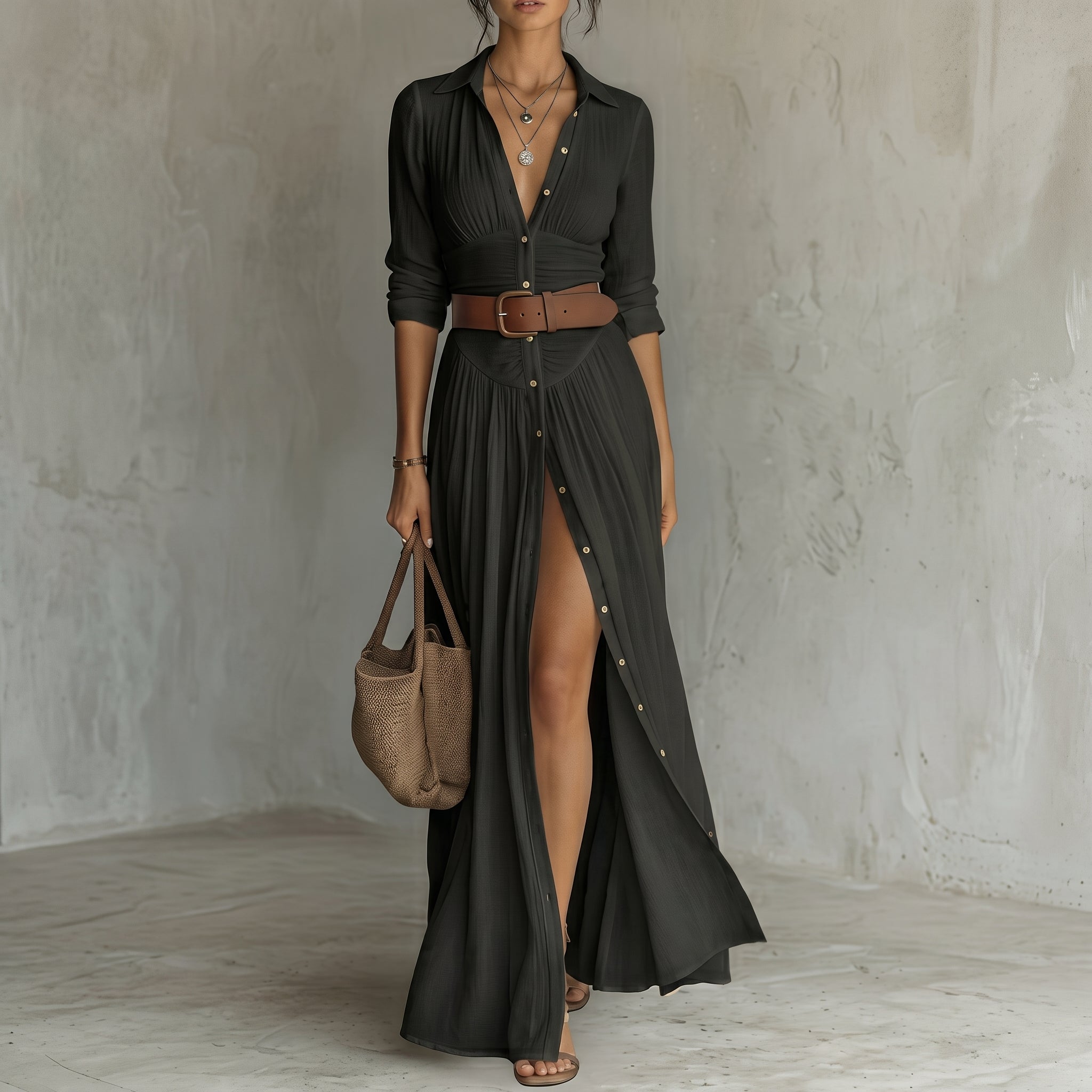 Women’s Pleated Short-Sleeve Dress - Sheer High-Neck Button Detail Design